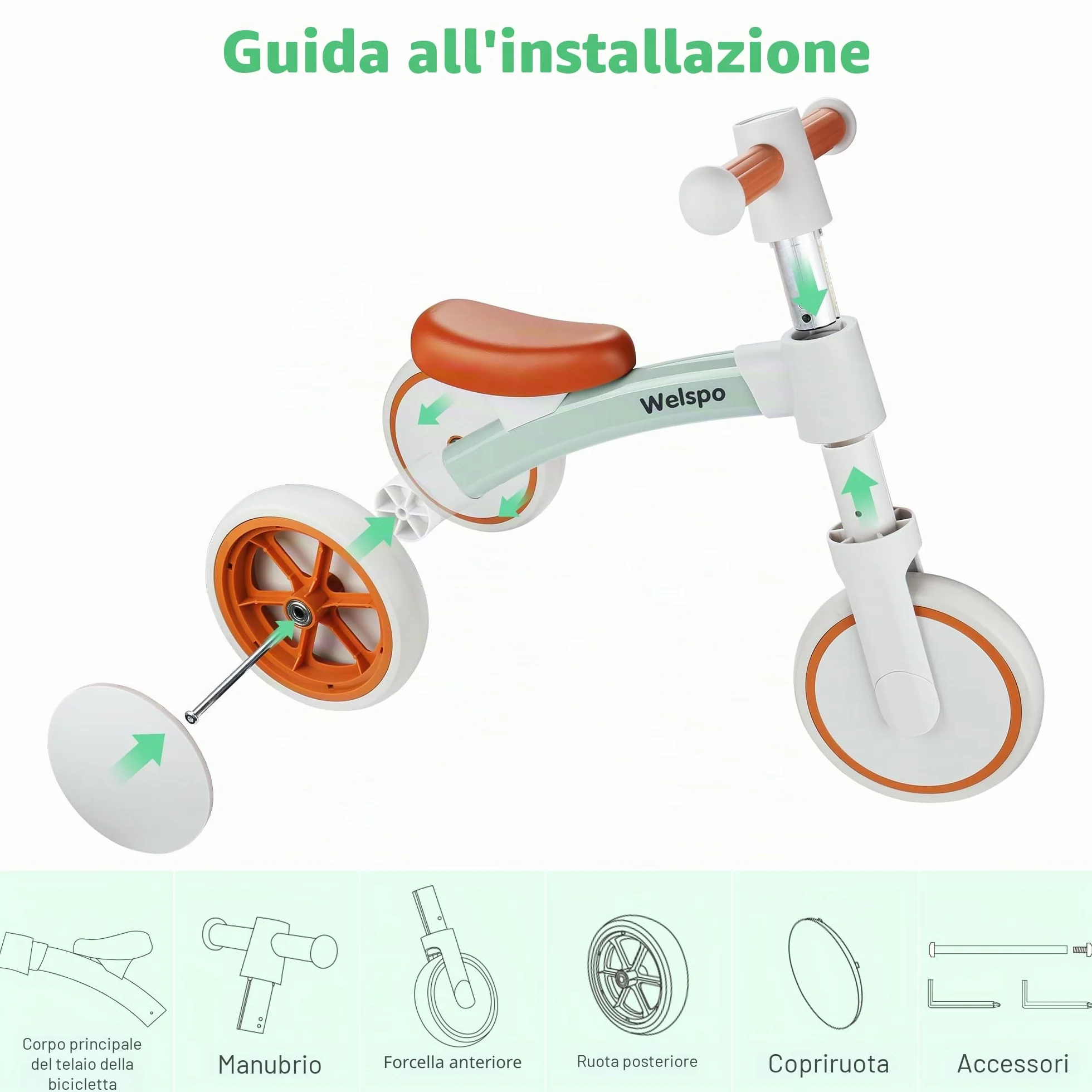 welspo Bicicletta da corsa per bambini a partire da 1 anno, per 12 – 24 mesi, giocattolo, prima bicicletta antiscivolo, per ragazzi e ragazze, come regalo (verde)