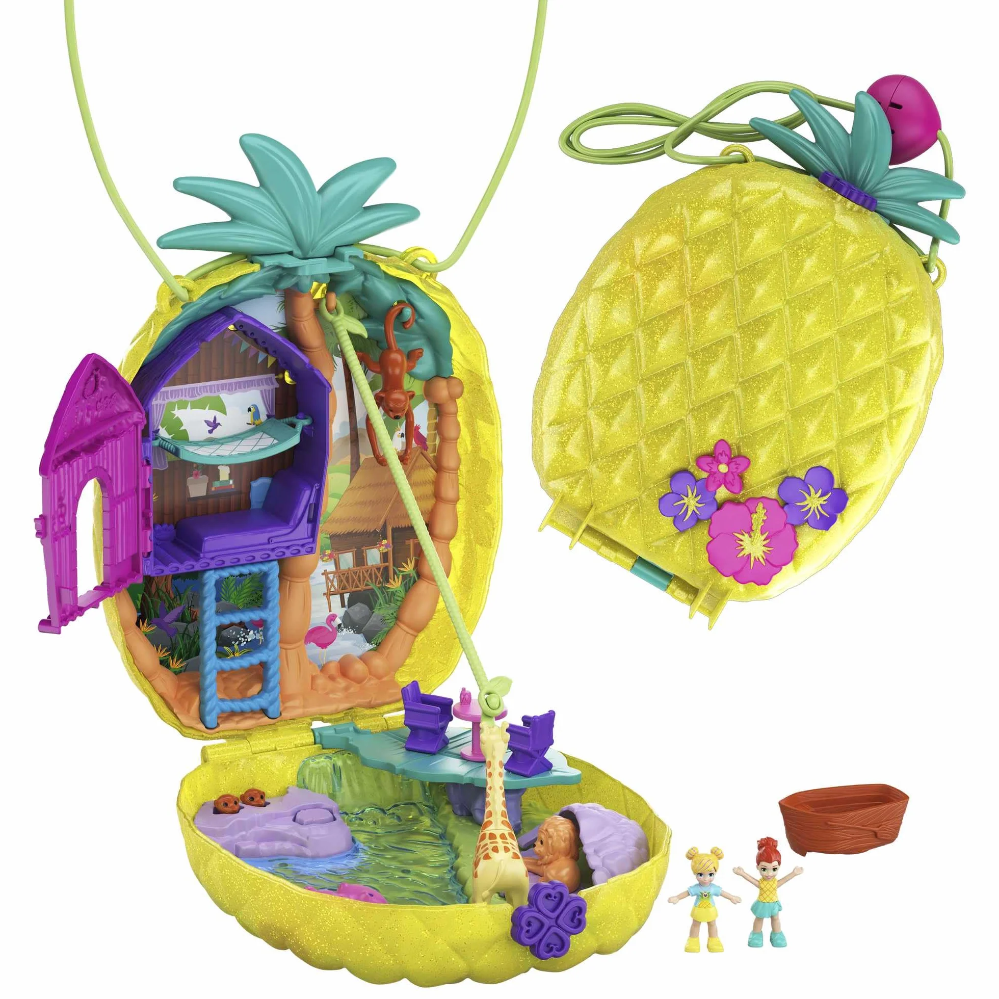 Polly Pocket Tropicool Ananas compatto borsetta da indossare con 8 simpatiche sorpresa, micro Polly e Lila, 2 accessori e foglio sticker; dai 4 anni in su, giallo, GKJ64