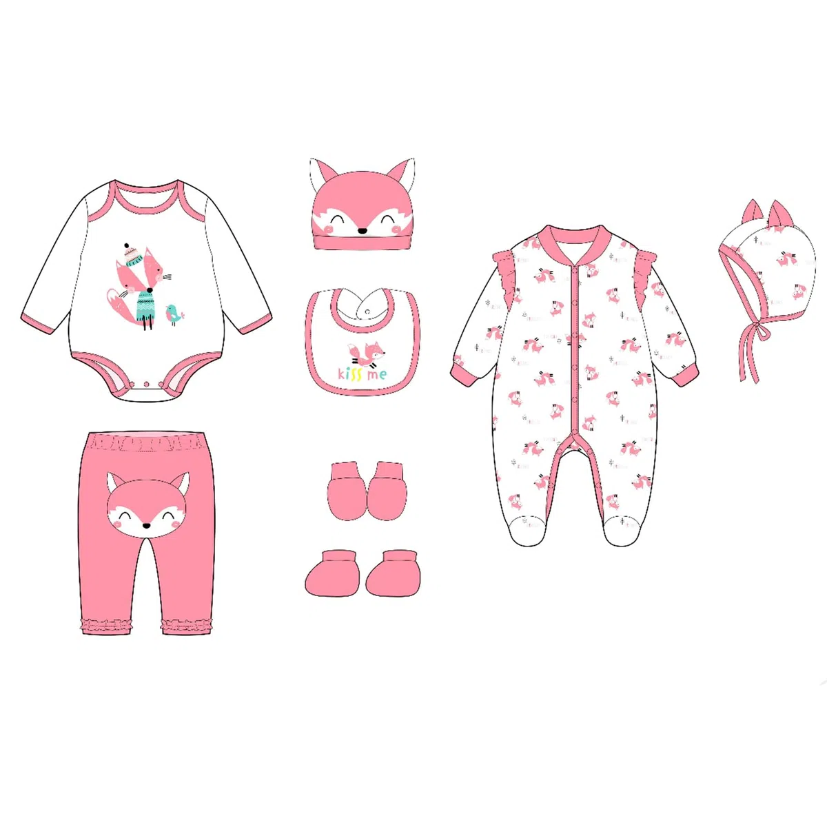 Set di vestiti per bambole, motivo: volpe, rosa, cotone, per bambole da 48 a 55 cm, 7 pezzi, per bambole dai 3 anni in su
