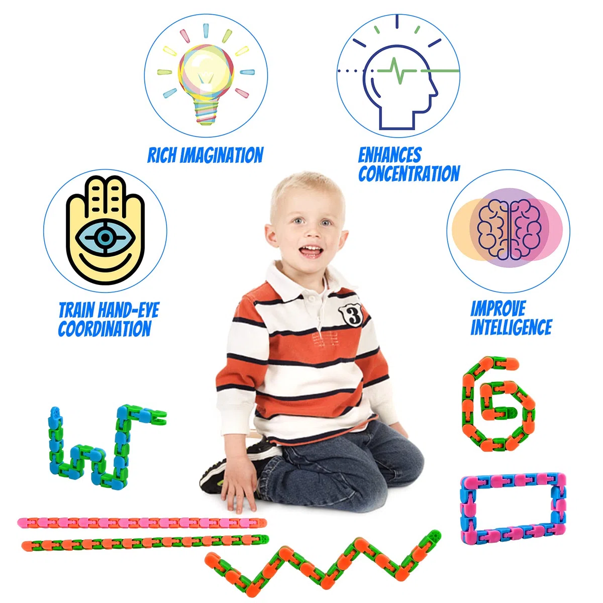 GOLDGE 10PCS 24 Link Wacky Track Toys Snap and Click Fidget Toys Puzzle Finger Toy Ansia Stress Relief Multicolor Snake Chain Puzzle Bomboniere Party Bags Fillers e giocattoli educativi