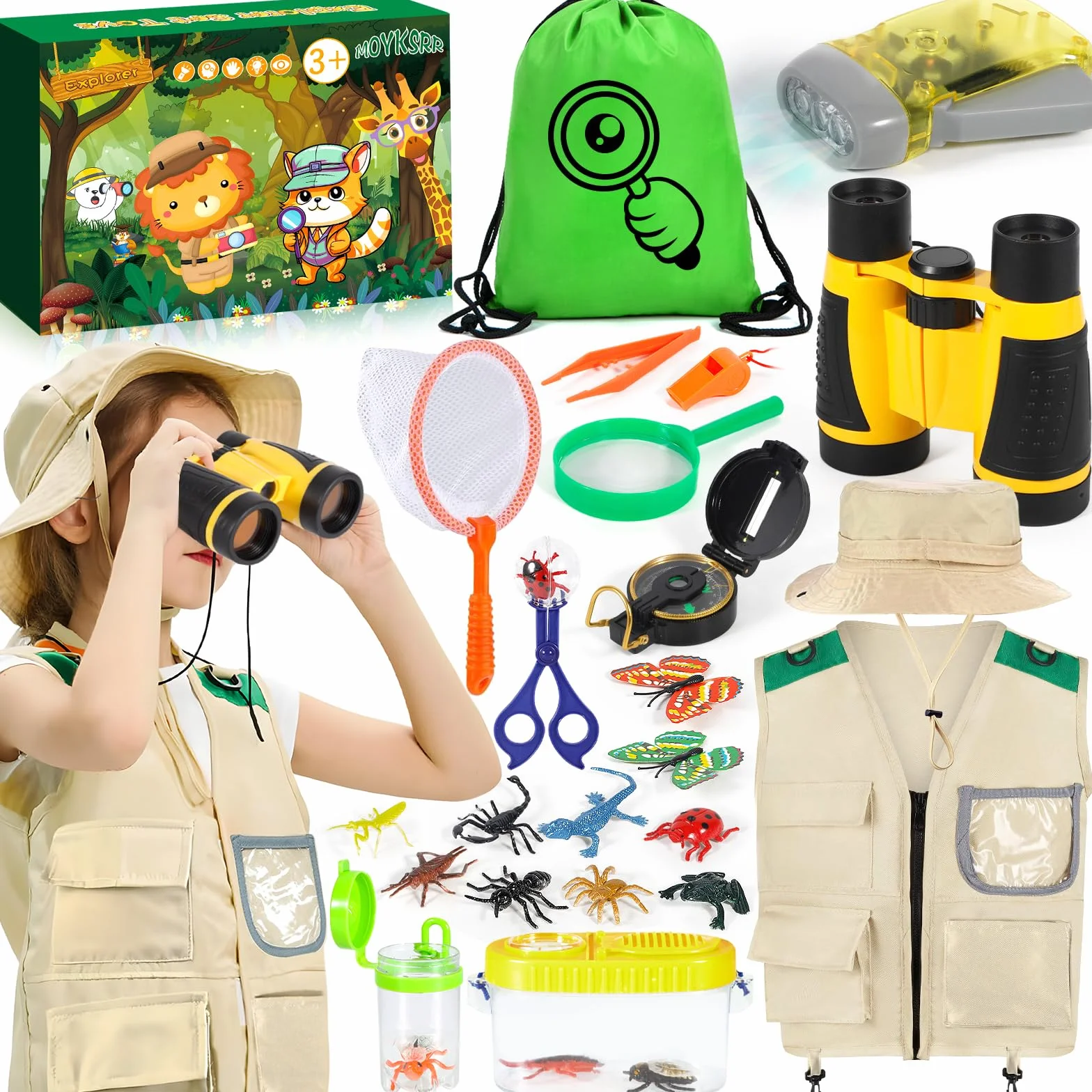 MOYKSRR Set di Giocattoli da Esploratore Esterno, Set Explorer Outdoor Giocattoli, Set di Esplorazione per Bambini con Gilet, Cappello, Binocolo, Bussola per Avventura Campeggio Escursionismo
