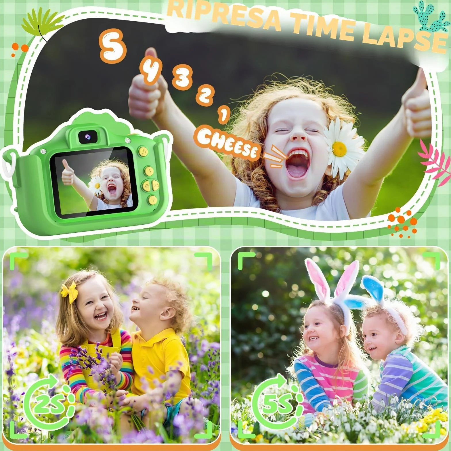 Macchina Fotografica Bambini 3-12 Anni, 48MP Digitale Fotocamera Bambini con Scheda 32 GB, Gioco Regali Natale & Compleanno per Bambino Bambina 3 4 5 6 7 8 9 10 Anni, Cappuccio di Dinosauro (Verde)