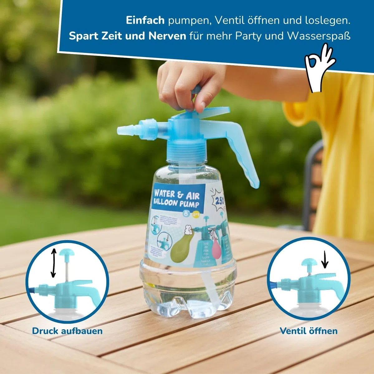 alldoro 60200 Pompa per bombe ad acqua o palloncini, per bambini a partire dagli 8 anni - Riempitore per palloncini con serbatoio da 1,5 l, aiuto per nodi e 250 palloncini