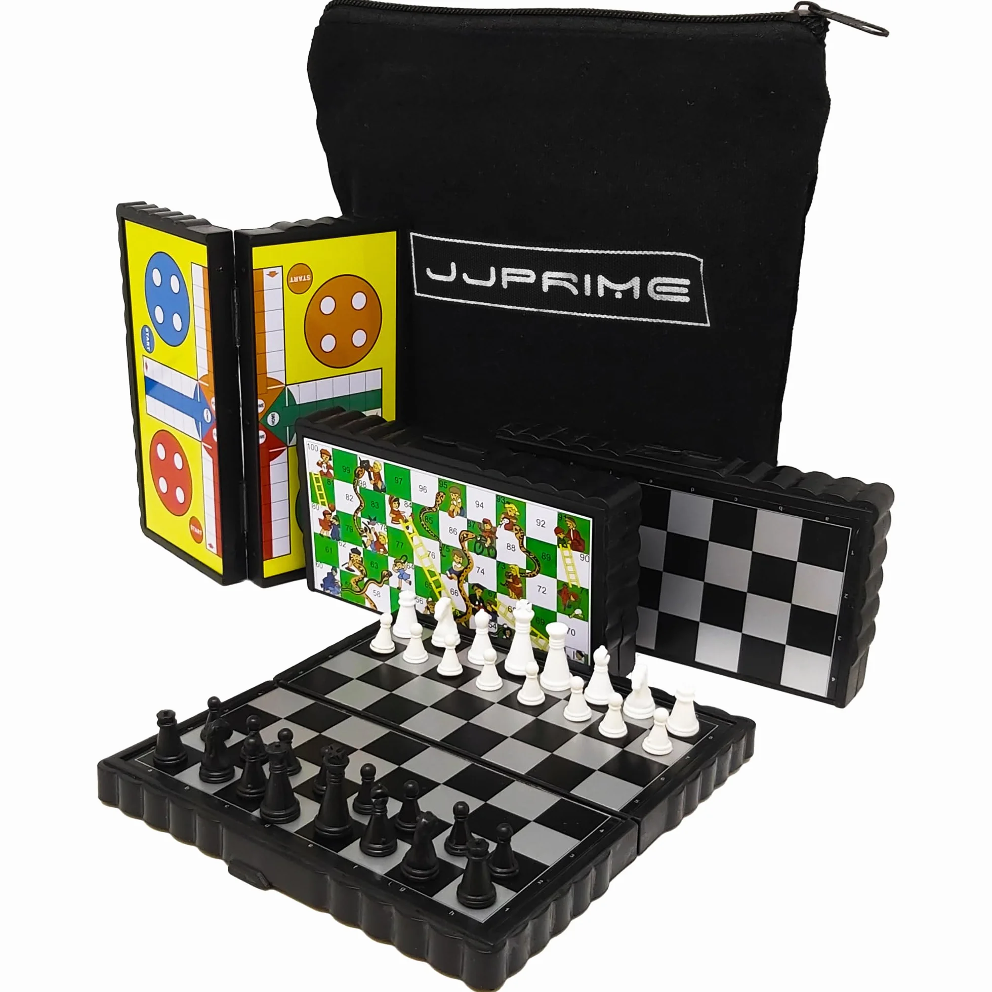 JJPRIME - Set di 4 Giochi Da Tavolo Magnetici con Custodia | Giochi In Scatola Da Viaggio | Giochi Da Tavolo Portatili- Scacchi, Dama, Ludo, Scale e Serpenti Magnetic Gioco da Tavola Per Famiglia