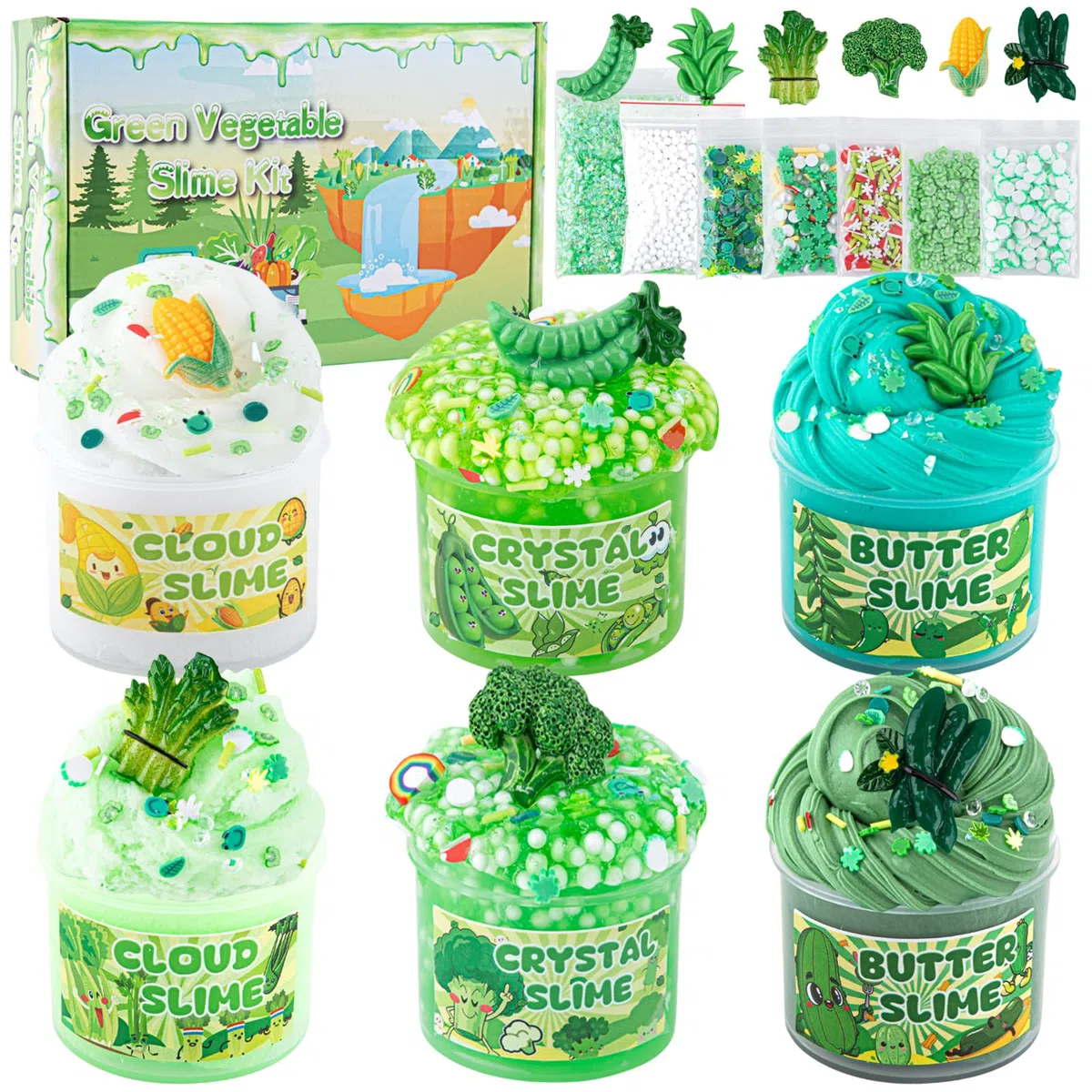Kit di 6 confezioni di slime verde sfumato – Cloud Butter Clear & Crunchy Slimes per bambini con vari componenti aggiuntivi, bomboniere non appiccicose per ragazzi e ragazze