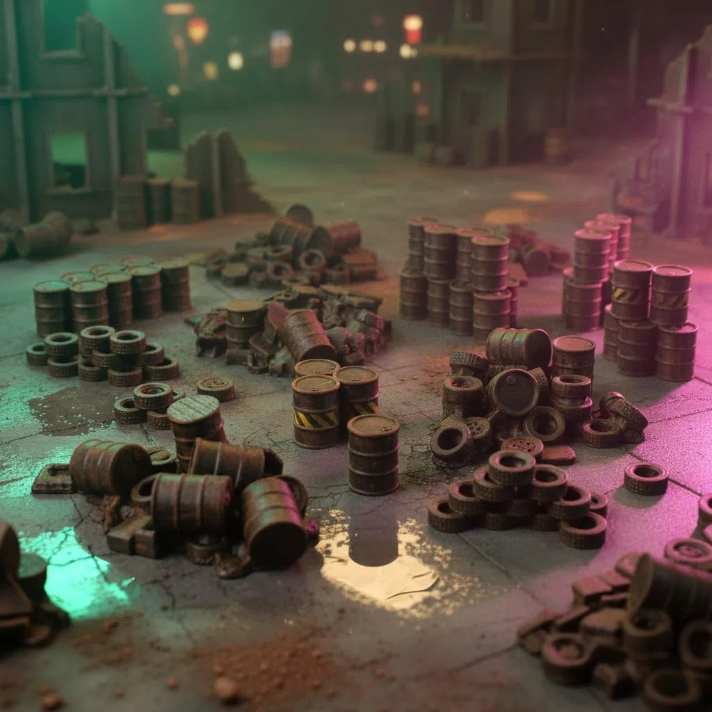 Terreno di Wargame con macerie industriali, scenario dettagliato per giochi di ruolo da 28 mm e miniature da tavolo