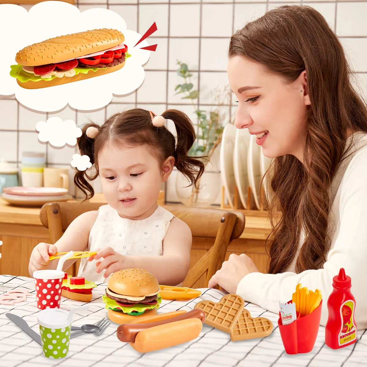 BUYGER Set Cibo Cucina Giocattolo per Bambini con Hamburger Hot Dog, Accessori Cucina Alimenti Finto, Giochi di Ruolo, Regalo per Bambini 3 + Anni