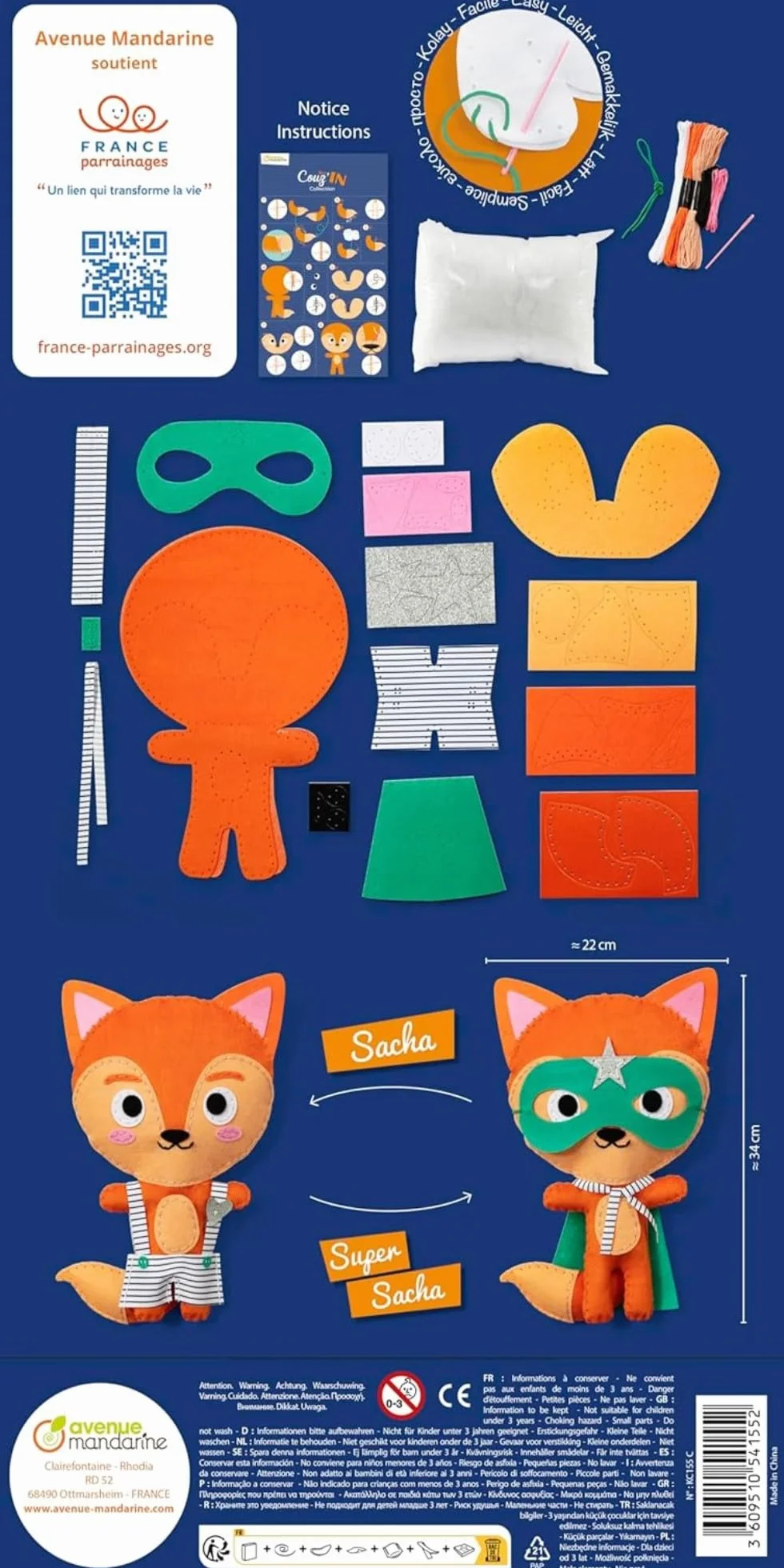My Mandarine KC155C - Kit creativo per il cucito per bambini - pupazzo da cucire Maxi Couz'IN - a partire dai 6 anni - super-Sacha