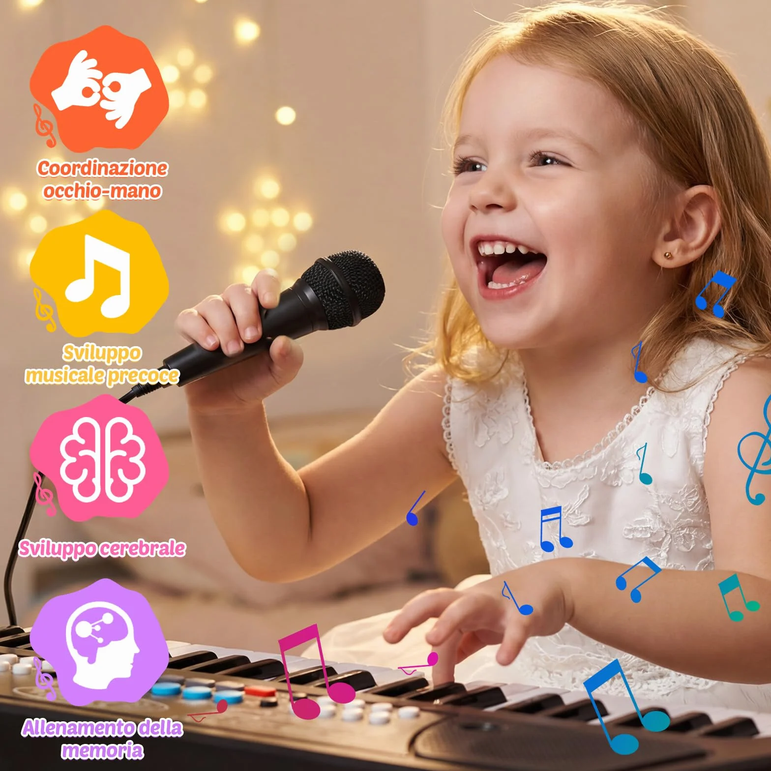 Tastiera Musicale per Bambini con Microfono – Pianoforte per Bambini 37 Tasti, Mini Pianola con Funzione di Registrazione, USB/Batteria
