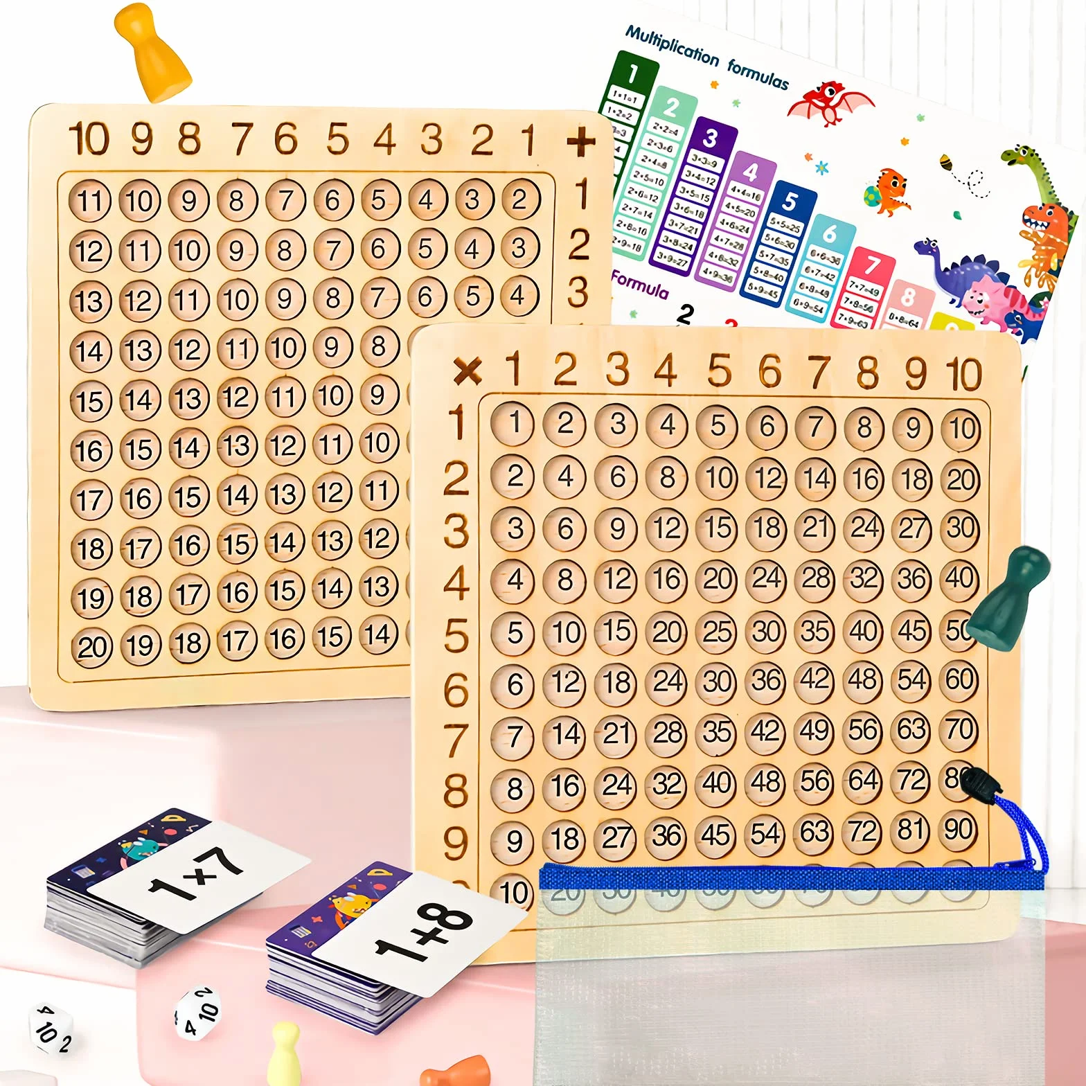 OneNine Gioco di Bordo Montessori in Legno Multiplicazione & Addizione 2 in 1, Gioco di Matematica 1x1, Imparo a Calcolare, Tavola di Moltiplicazione, Strumento Didattico di Moltiplicazione per