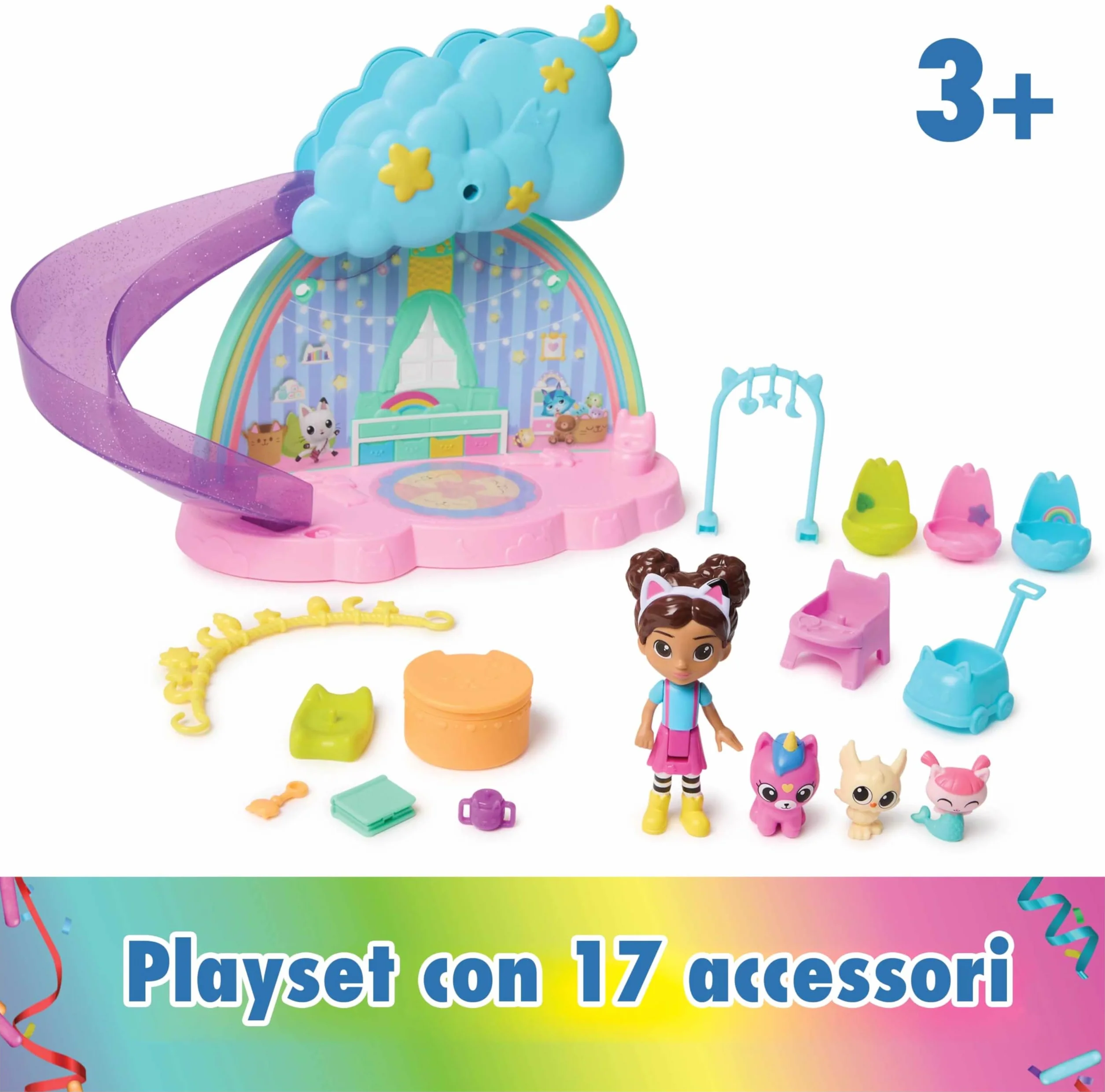 Gabby's Dollhouse, Stanza dei Giochi dell'Asilo Gatto-Orecchio, Set di Gioco da 17 Pezzi con 4 Personaggi e Mobili per la Casa delle Bambole, Giocattoli per Bambine e Bambini, 3+ Anni