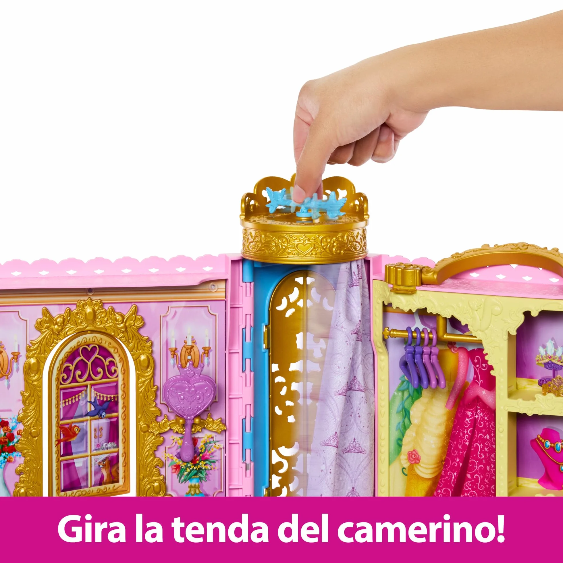 Mattel Disney Princess - Guardaroba da Favola, playset armadio apribile fino a 60cm con 2 abiti e 25 accessori, specchiera, camerino e passerella inclusi, giocattolo per bambini, 3+ anni, HXC20
