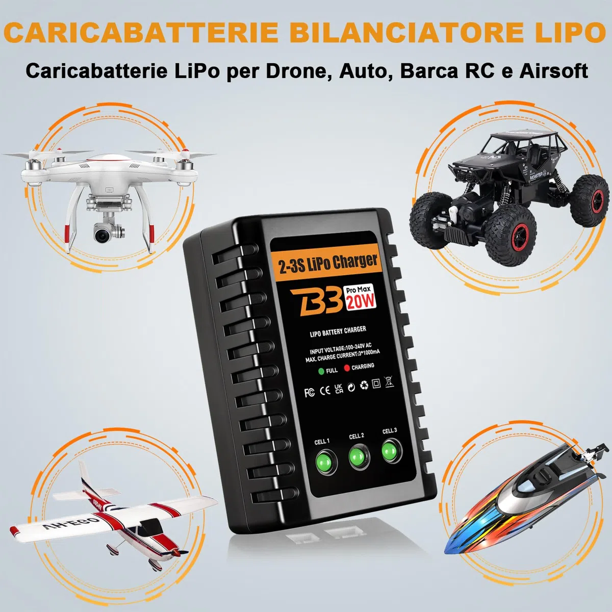 HTRC Caricabatterie Lipo Bilanciatore 2S-3S 20W, Caricabatteria Lipo per Batterie 7.4V e 11.1V, Caricabatterie RC con LED Indicatore, per Drone, Auto RC, Armi Airsoft, Barche RC, ecc