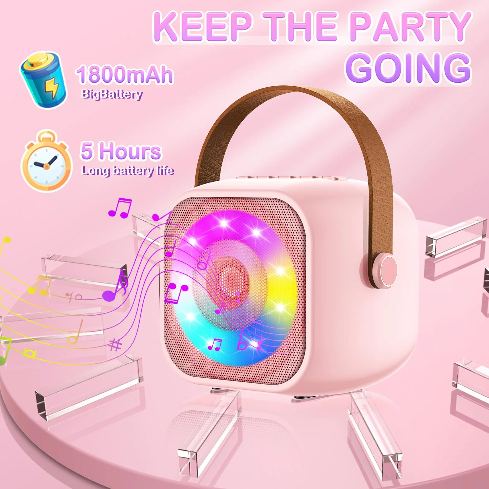 Karaoke per Bambini con 2 Microfoni Wireless, Luce LED, Effetti Cambio Voce, Portatile