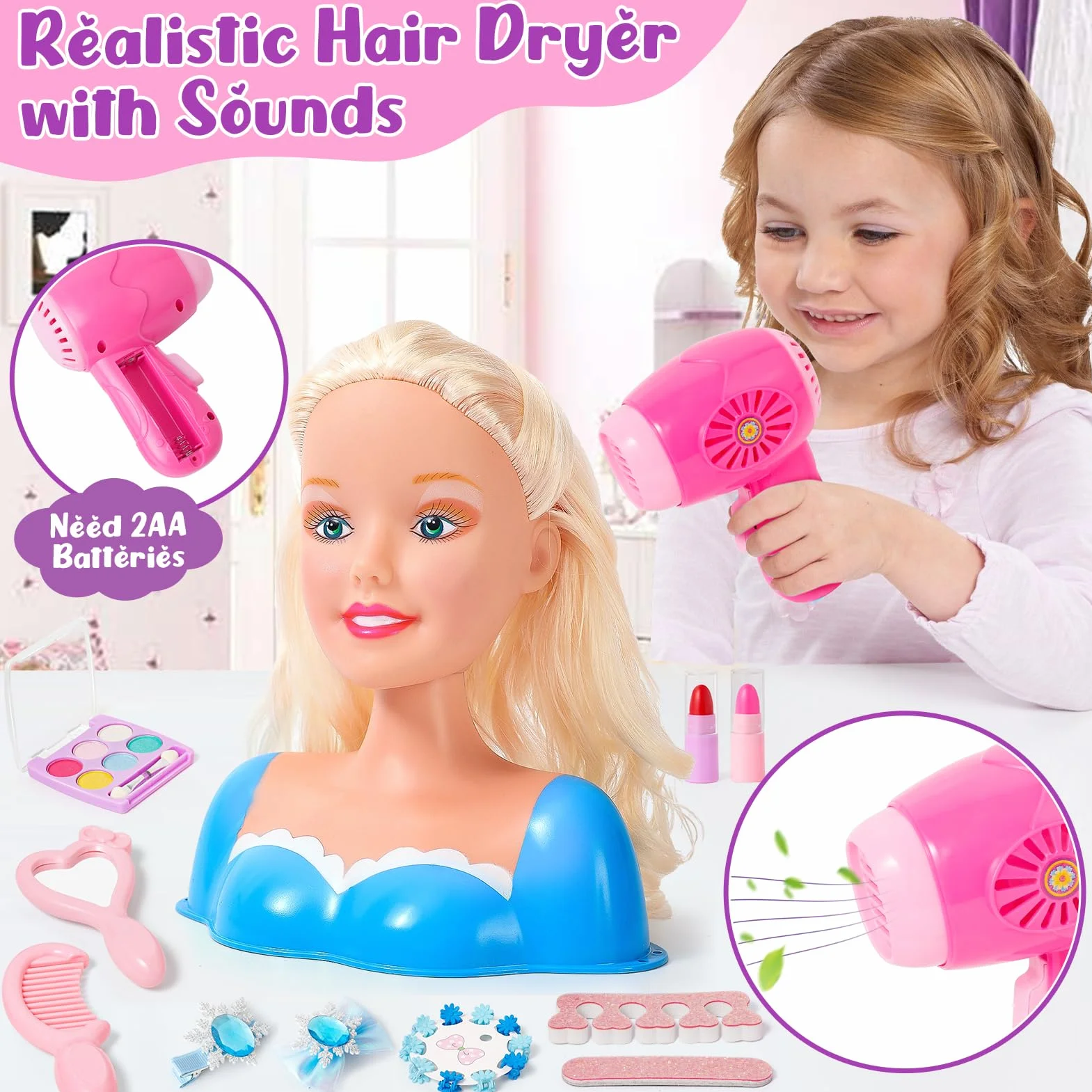52Pcs Set Parrucchiere per Bambini Trucco in Stile Giocattolo, Hair Styling Head Teste da Truccare, Parrucchiere da Kit Bellezza Trucco Giocattolo Regali Natale Compleanno per Ragazze 3 4 5 6 Anni