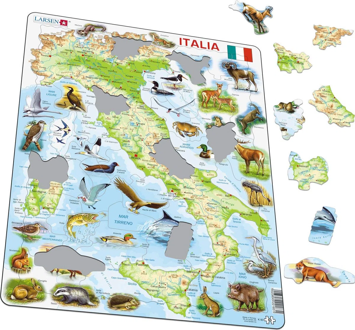 Larsen K83 Italia, mappa fisica, edizione Italiano, Puzzle Incorniciato con 65 pezzi