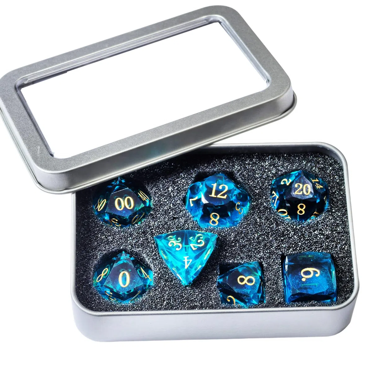Set di 7 dadi poliedrici sfaccettati in cristallo, per DND, giochi da tavolo e collezionisti, confezione in scatola di latta, effetto pietra preziosa (fumo)