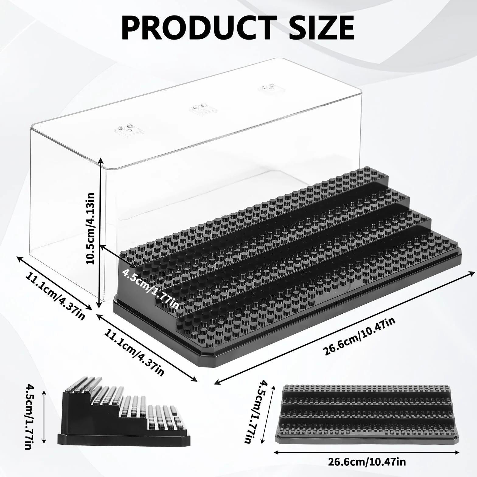Zorplex Vetrina Acrilica per Minifigure, Scatola Espositiva Impilabile a 4 Strati con Ripiani Rimovibili, Anti-Polvere, Trasparente, Perfetta per Giocattoli e Modelli da Collezione (Nero)