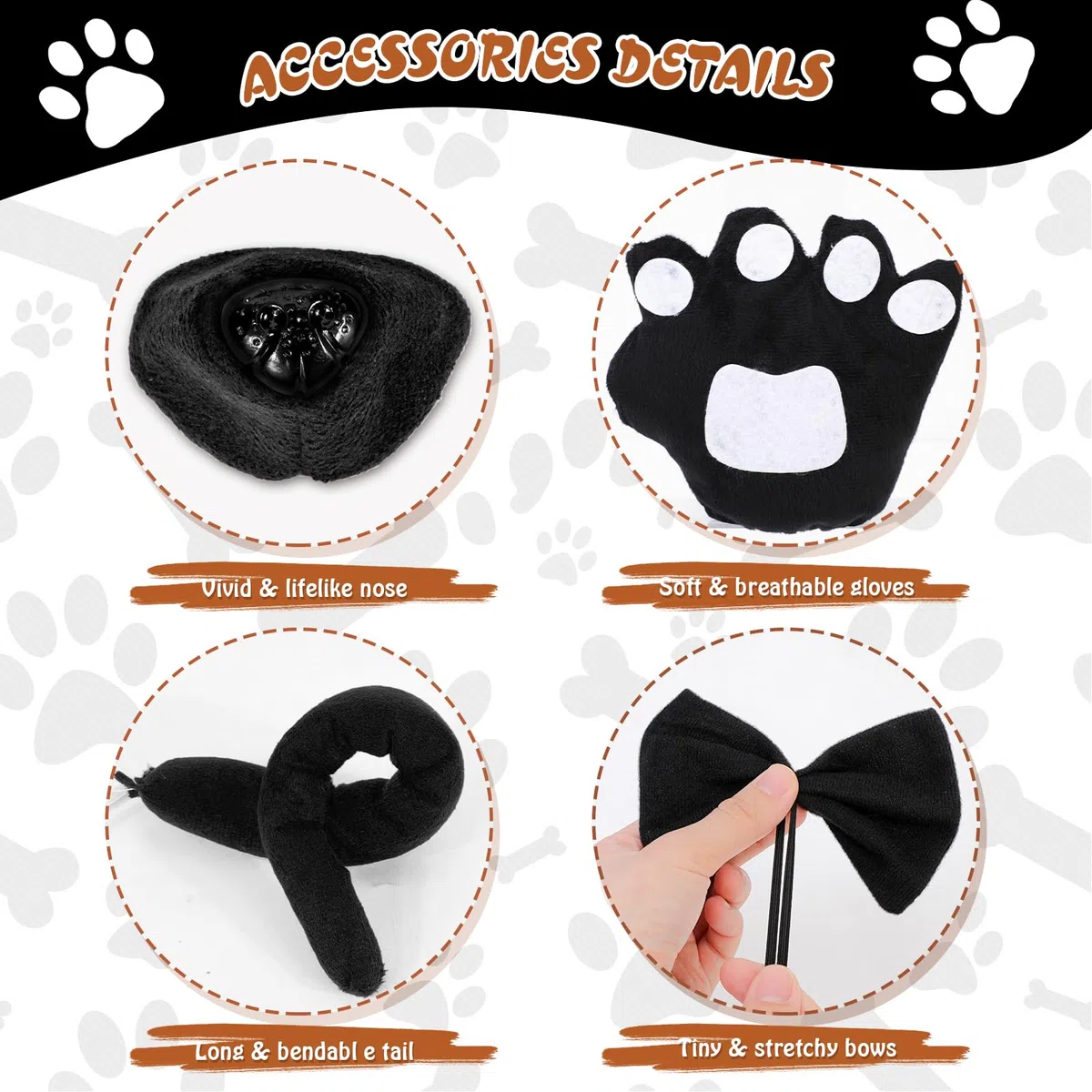 Costumi per Cagnolino per Adulti e Bambini, Fascia con Orecchie Cane Naso Finto Coda Guanti Papillon,Bassotto Costume Halloween Carnevale