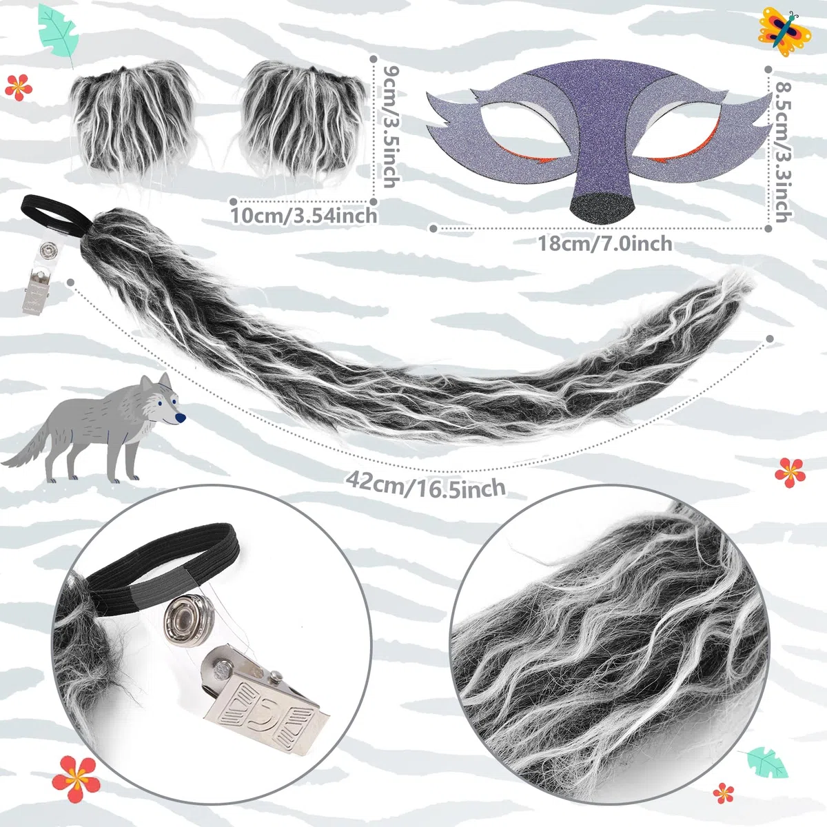XEPST Set di costumi da lupo animale, orecchie e coda di lupo con fascia di lupo zampe di lupo soffici maschera di lupo coda di lupo per costume di animale cosplay compleanno Halloween