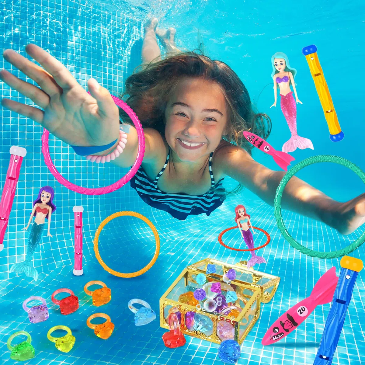 30 Pezzi Giochi d'Acqua per Bambini, Sirene Giochi per Piscina Set, Regalo per Bambini 5-9 Anni - Ideale per Piscina, Spiaggia e Allenamento Nuoto