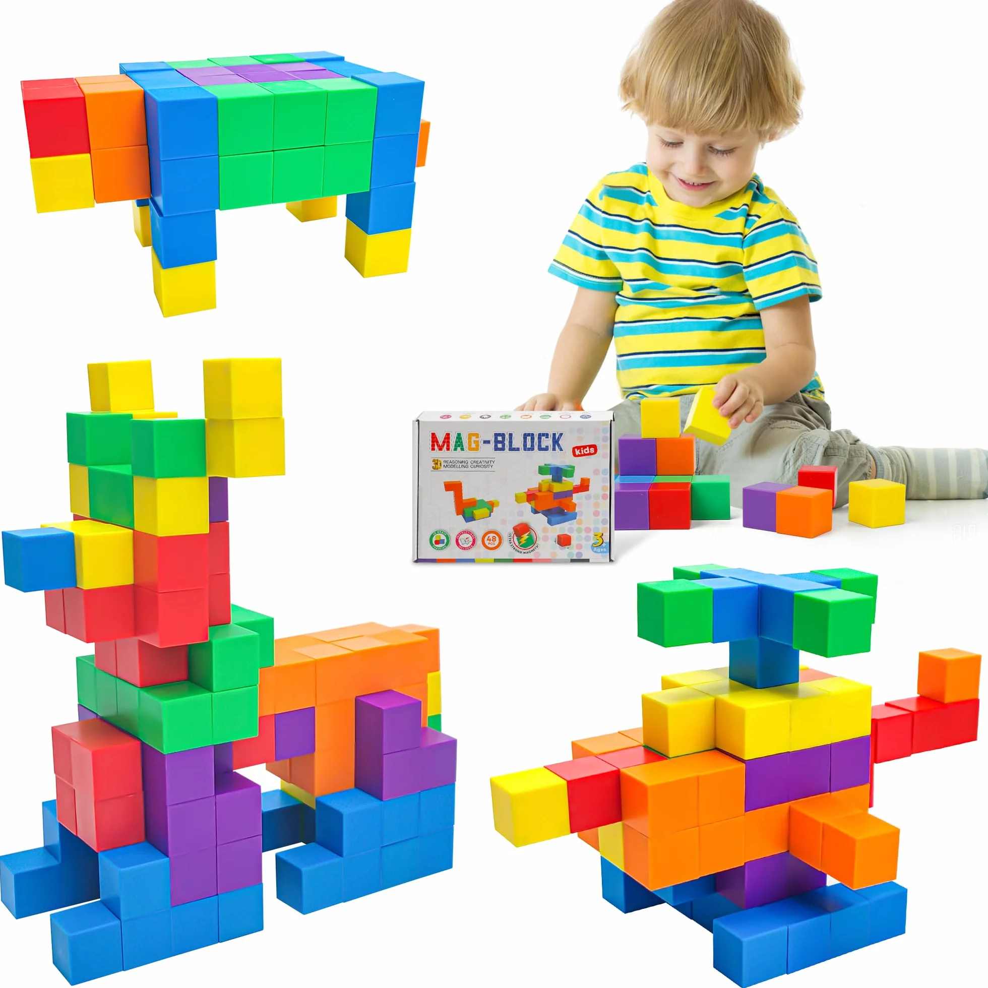 ROUSKY 48 pezzi strumenti didattici matematici – cubi magnetici esagonali, blocchi magnetici, pensiero spaziale, modelli geometrici solidi per studenti, mattoncini magnetici per bambini