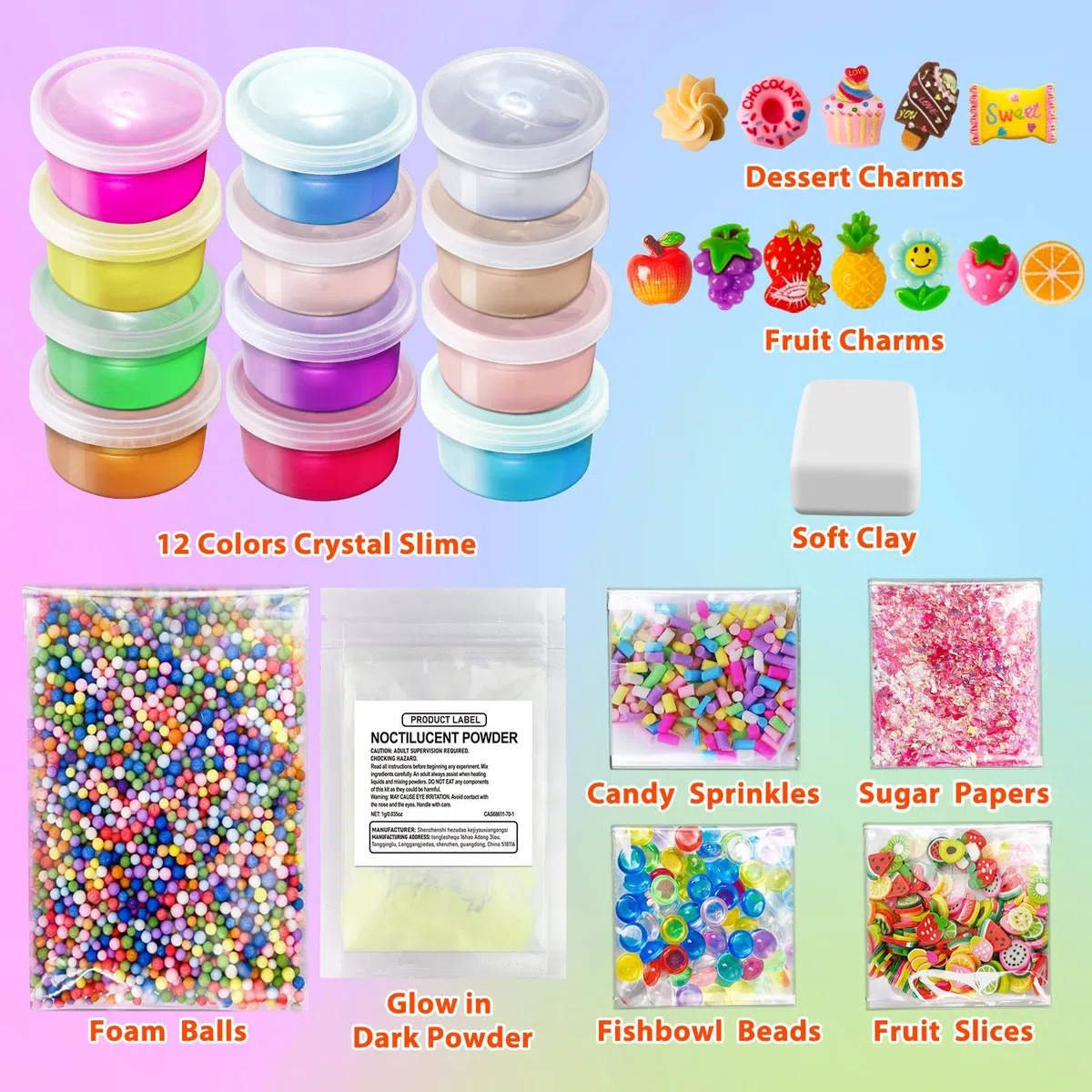 12 Colori Fai da Te Slime Kit Slime Making per Ragazze, Crystal Clear Slime, Glow in the Dark Slime con Sfere di Schiuma Aggiuntive, Charms, Glitter, Giocattolo Regalo per Bambini