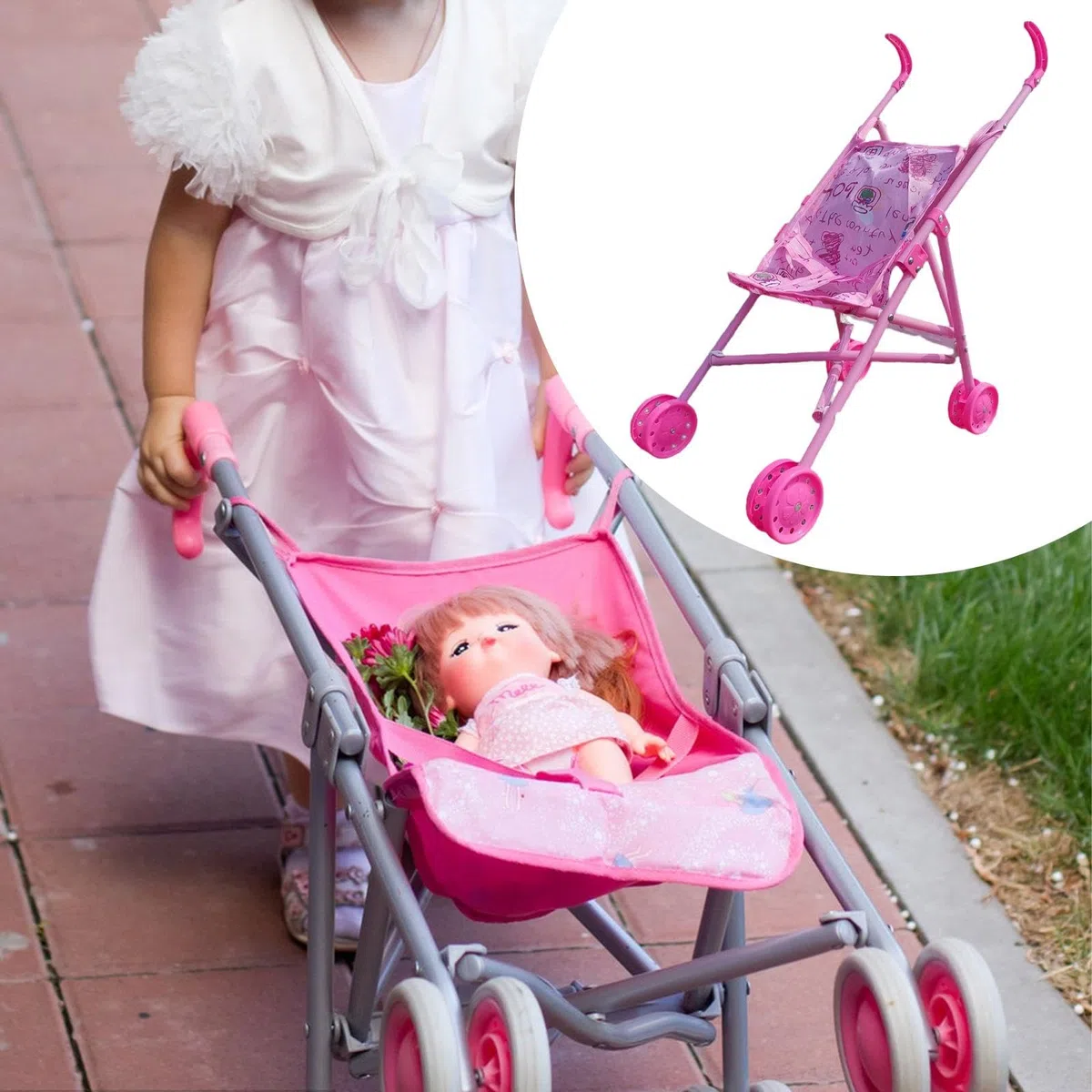 Passeggino per Bambole Pieghevole, Decorazione Adorabile, Ombrello Interattivo Portatile