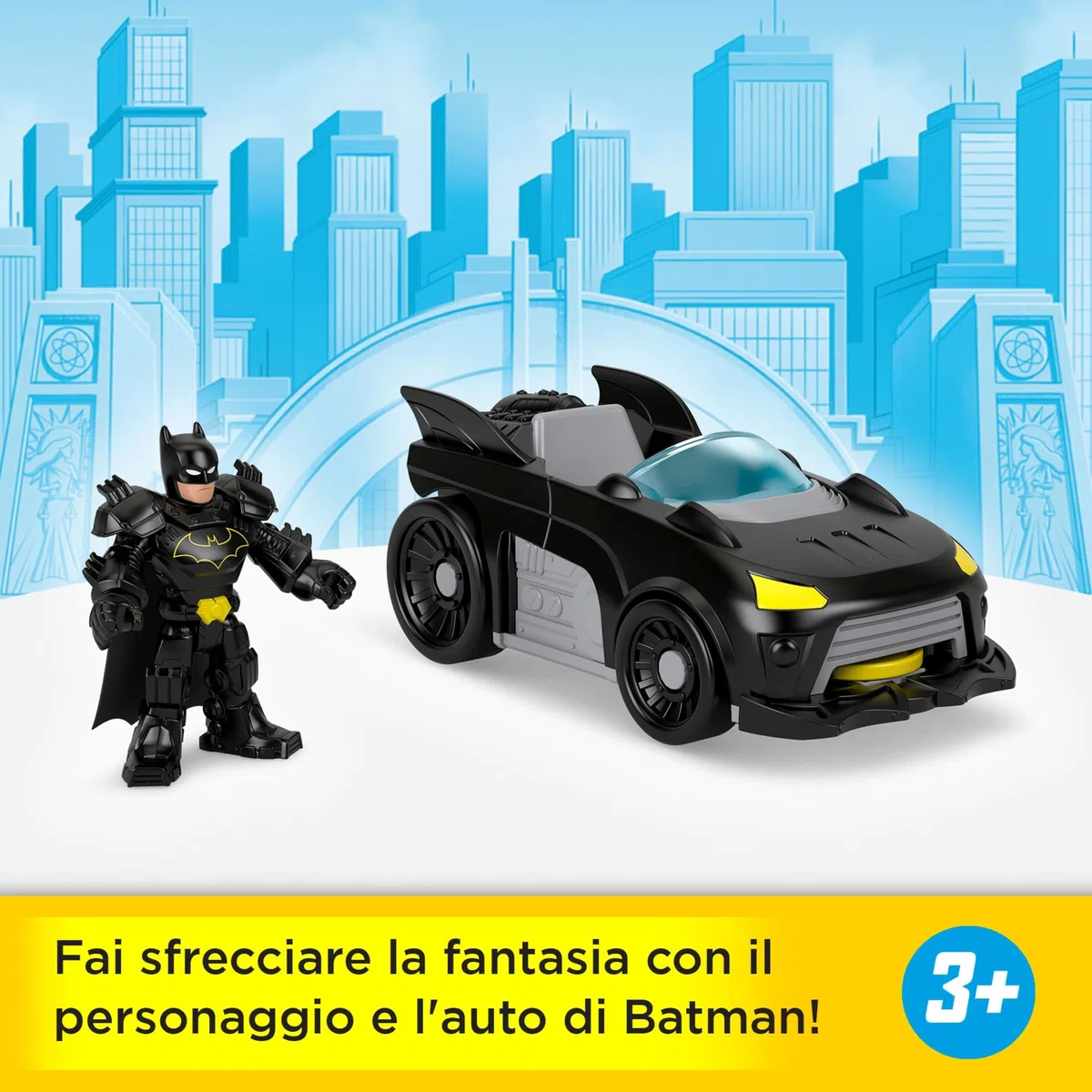 Fisher-Price Imaginext DC Super Friends - Metal Force Batmobile, veicolo attivabile con luci e suoni, personaggio Batman, lanciatore e 2 dischi inclusi, giocattolo per bambini, 3+ anni, JFJ68