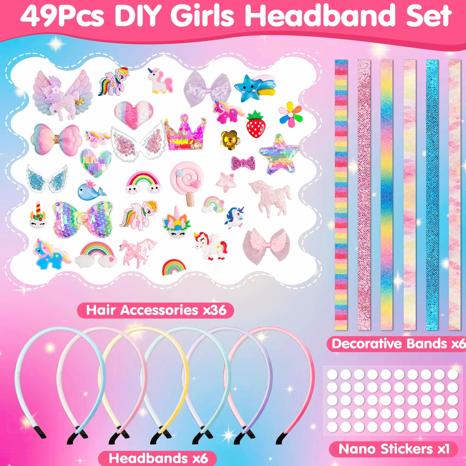 WuGU Kit per La Creazione di Cerchietti per Capelli, 49 Pezzi Set di Accessori per Capelli fai da te, Regalo per Ragazze di 5 6 7 8 9 10 Anni, Regali di Compleanno e Natale per Bambina