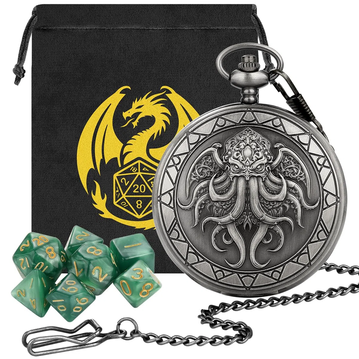 Polpo con ali, grande cassa per orologio da taschino, set di 7 dadi poliedrici in acrilico poliedrico, sacchetto regalo DND con logo del drago, accessori per giochi di ruolo, argento scuro + verde