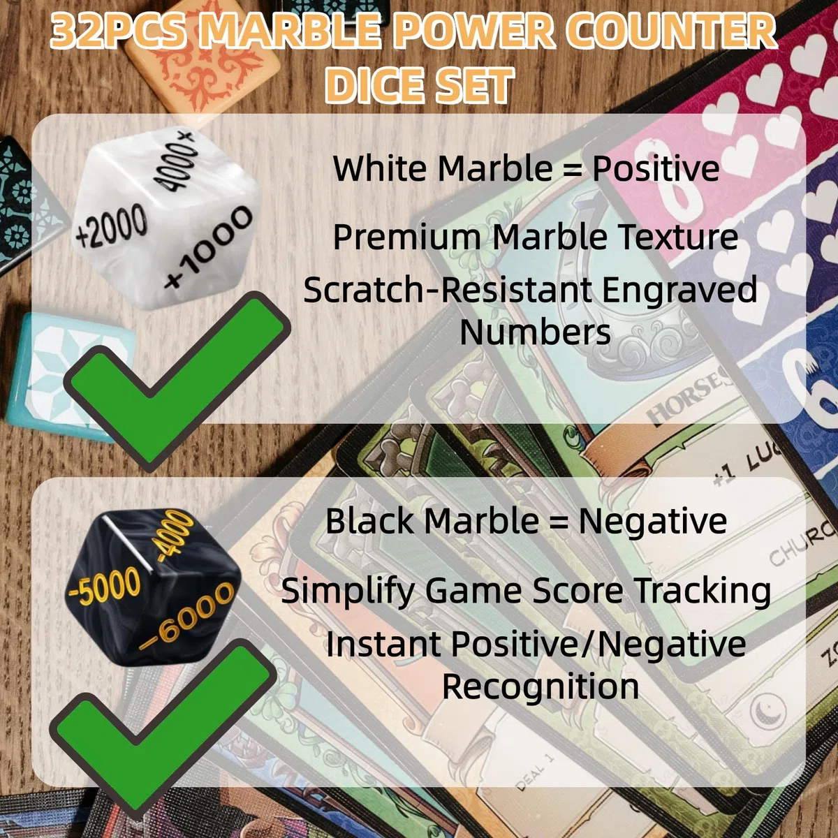 Set di dadi da 32 pezzi, 16 positivi (+1000 a +6000) e 16 negativi (da -1000 a -6000), finitura marmorizzata di alta qualità, compatibili con giochi di carte One Piece TCG, MTG e Allen
