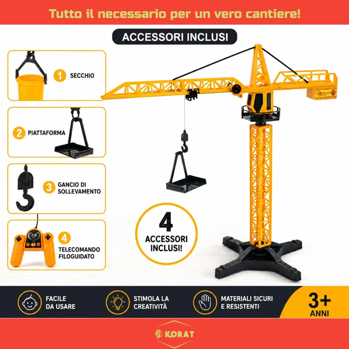 KORAT Gru Giocattolo Filoguidata 60 cm per Bambini, Rotazione 360°, Telecomando a Filo, Gancio Mobile e Accessori Inclusi Gioco Educativo per Coordinazione e Fantasia 3+ Anni
