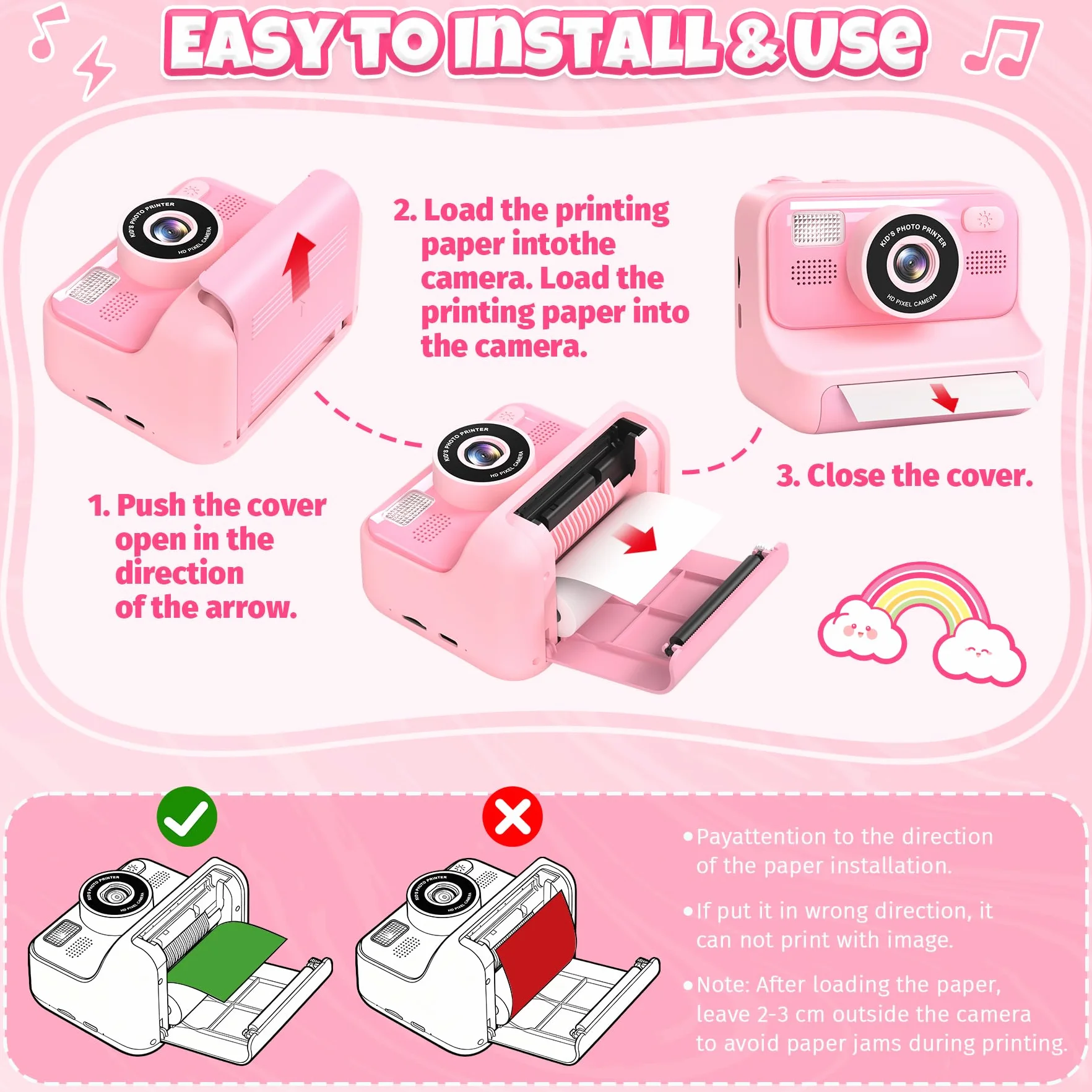 Macchina Fotografica Bambini, 2.4" HD Selfie Fotocamera Bambini con Scheda da 32 GB e 3 Rotoli di Carta da Stampa, Giochi Regalo Natale bambini bambino Nero digitale(Rosa)