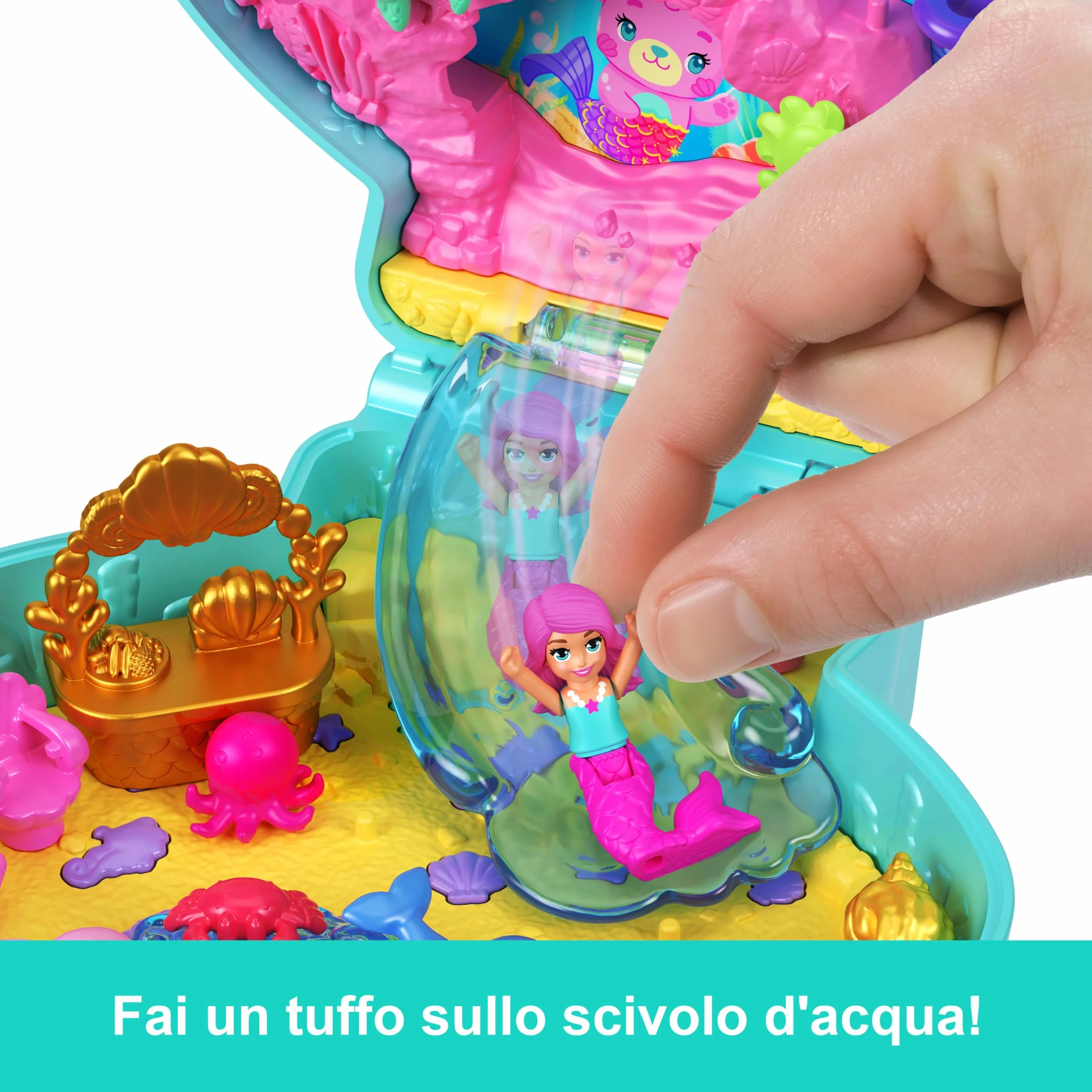 Polly Pocket - Cofanetto Magici Glitter, set portatile a forma di conchiglia con una microbambola sirena, cuccioli marini e 11 accessori a tema inclusi, giocattolo per bambini, 4+ anni, JCB16