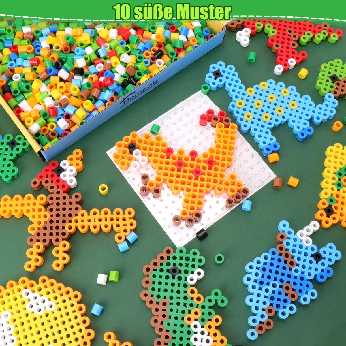 Homgaty Perline da Stirare 10 mm, Oltre 1000PZ con Piastre e Accessori, Grandi Perle per Bambini, Set Creativo Fai da te con Tanti Modelli, Ideale dai 3 Anni in Su (Dinosauri)