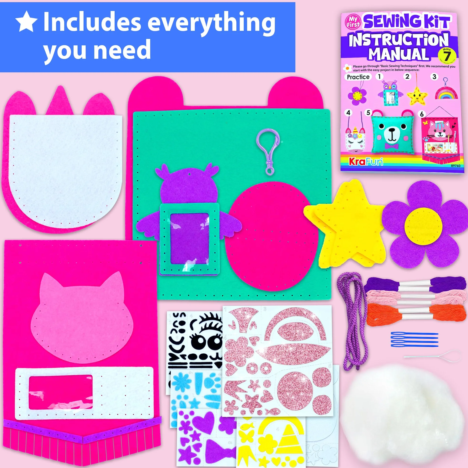 KRAFUN Kit da Cucito in Feltro per Bambini 5+ Anni, 7 Progetti Facili (Borse, Cuscini, Portachiavi), Istruzioni, Scatola Riutilizzabile, Giocattolo Educativo