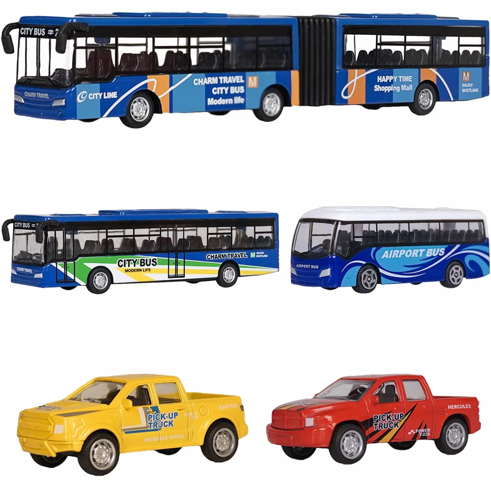 VBACALA Set Autobus Giocattolo per Bambini 5 Pezzi con Autobus Urbano,per l'Aeroporto,Articolato Metropolitana e Mini Pickup Camion,Funzione Pull-Back Veicoli Giocattolo,Regalo di per 3+ Bambini
