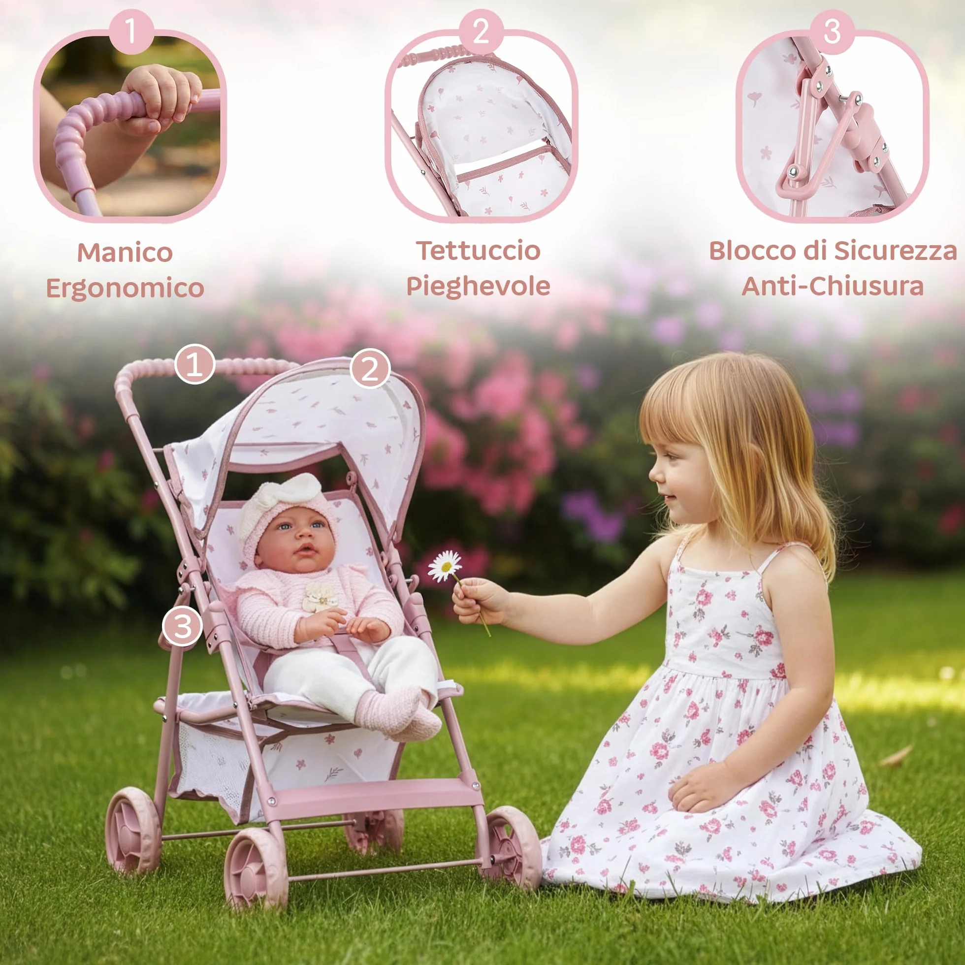 Kinderplay Passeggino per bambole dai 3 anni in su - Passeggino leggero e pieghevole, con ruote in EVA, cinghia e tettuccio, colore rosa