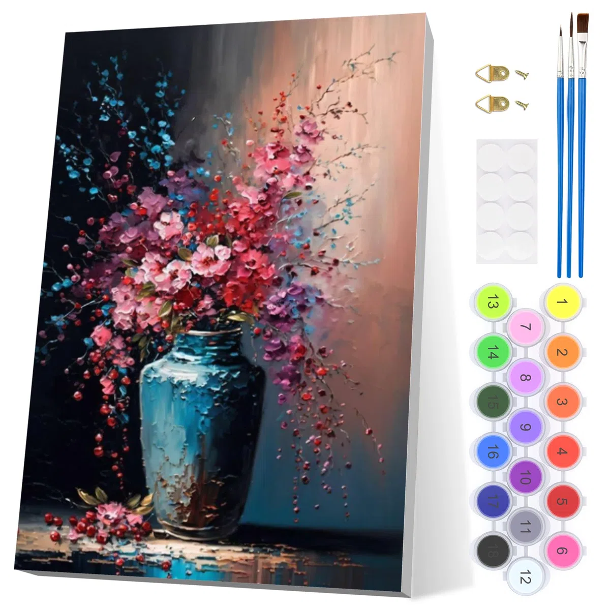 EOBROMD Dipingere con i Numeri Adulti con Telaio, Fiori in Vaso Paint by Numbers, Fiori Kit di Pittura acrilica Fai-da-Te per Adulti con Pennelli Pittura a Pigmento Acrilico 20x30cm