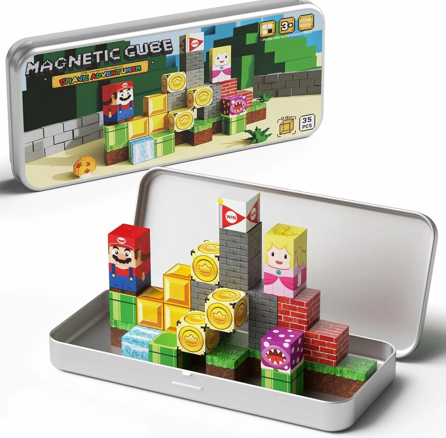 Mattoncini magnetici da viaggio per bambini, scatola in ferro portatile giocattolo da costruzione magnetico regalo per bambini dai 3 anni in su (35pcs Avventurieri coraggiosi)