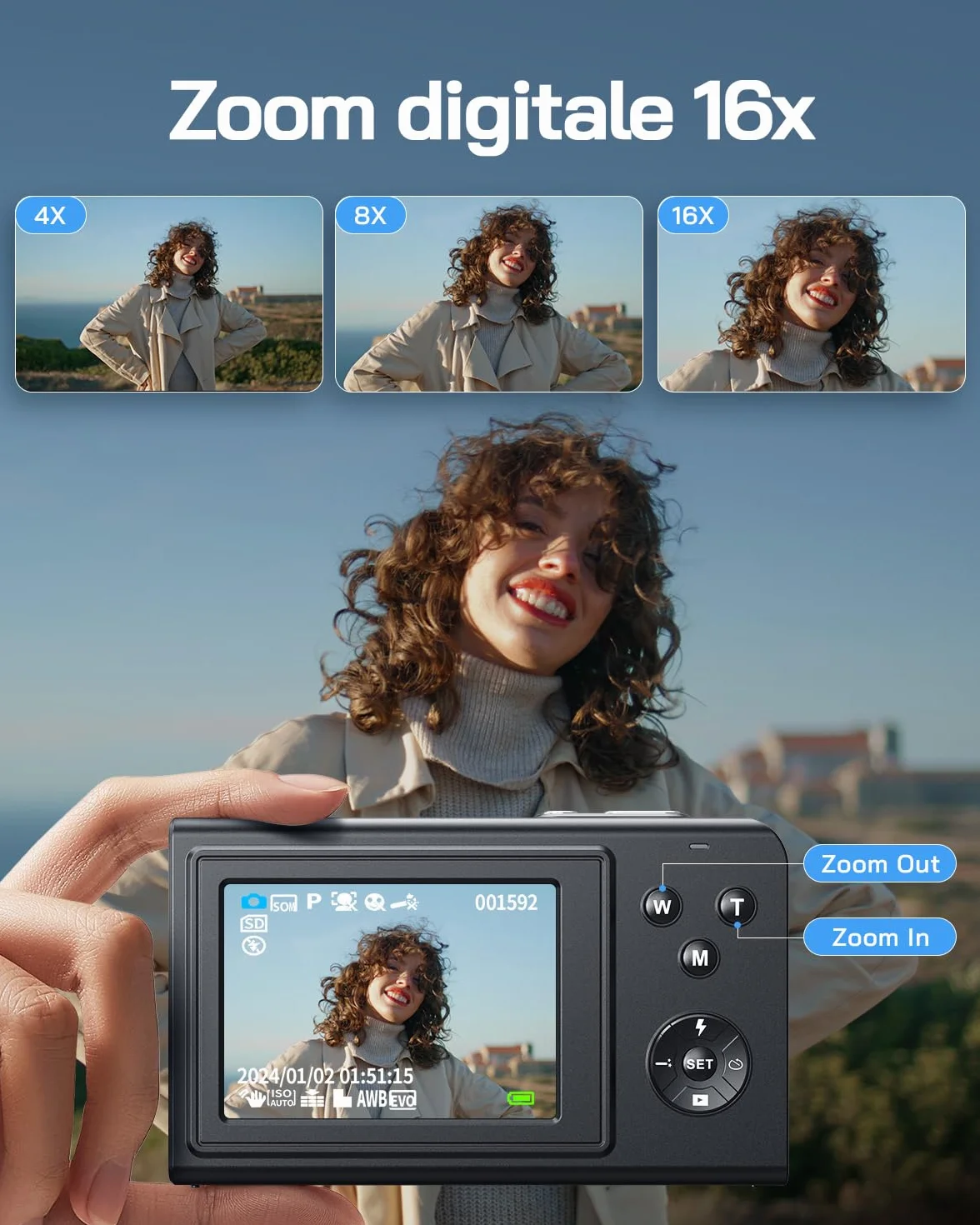 WOLFANG Fotocamera digitale, fotocamera per bambini da 2,7K, fotocamera compatta da 50MP, videocamera con zoom digitale 16x, zoom e scatto automatico, regalo per ragazzi