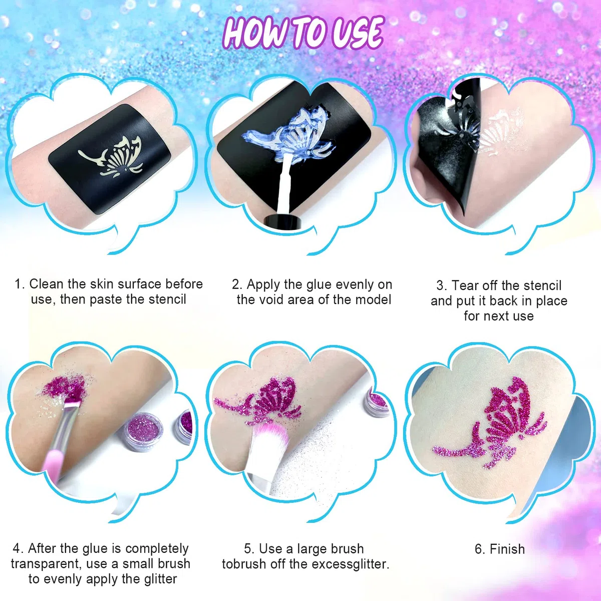 Set di tatuaggi glitterati per bambini, 42 colori (glitter, 12 fluorescenti, lucidi di notte), 219 stencil, 213 strass, 5 pennelli, 4 adesivi (fácil da lavare, non irrita la pelle)