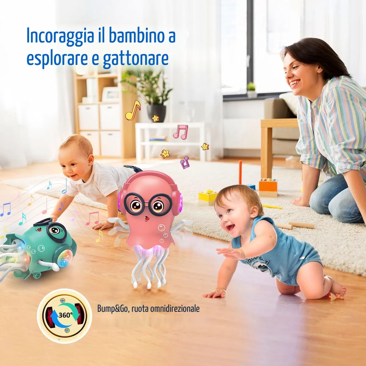 Giocattolo medusa danzante per bambini, giocattolo elettrico strisciante con luce e suono - Giocattolo interattivo Tummy Time Toys per ragazzi e ragazze - Regalo di compleanno