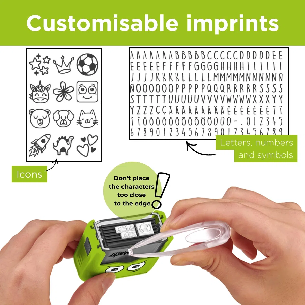 DIY MARKY - Timbro personalizzabile per bambini | Abbigliamento e oggetti per bambini | Inchiostro fino a 1000 impronte | Tutte le superfici | Kit completo con etichette e nastro termoadesivo (Verde)