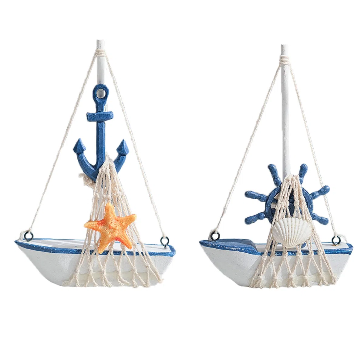 2 Pezzi Decorazione Nautica, Legno Ornamenti Barca, per Delle mare Sulla Spiaggia Modello Barca vela legno con rete pesca, barche a vela in legno e metallo