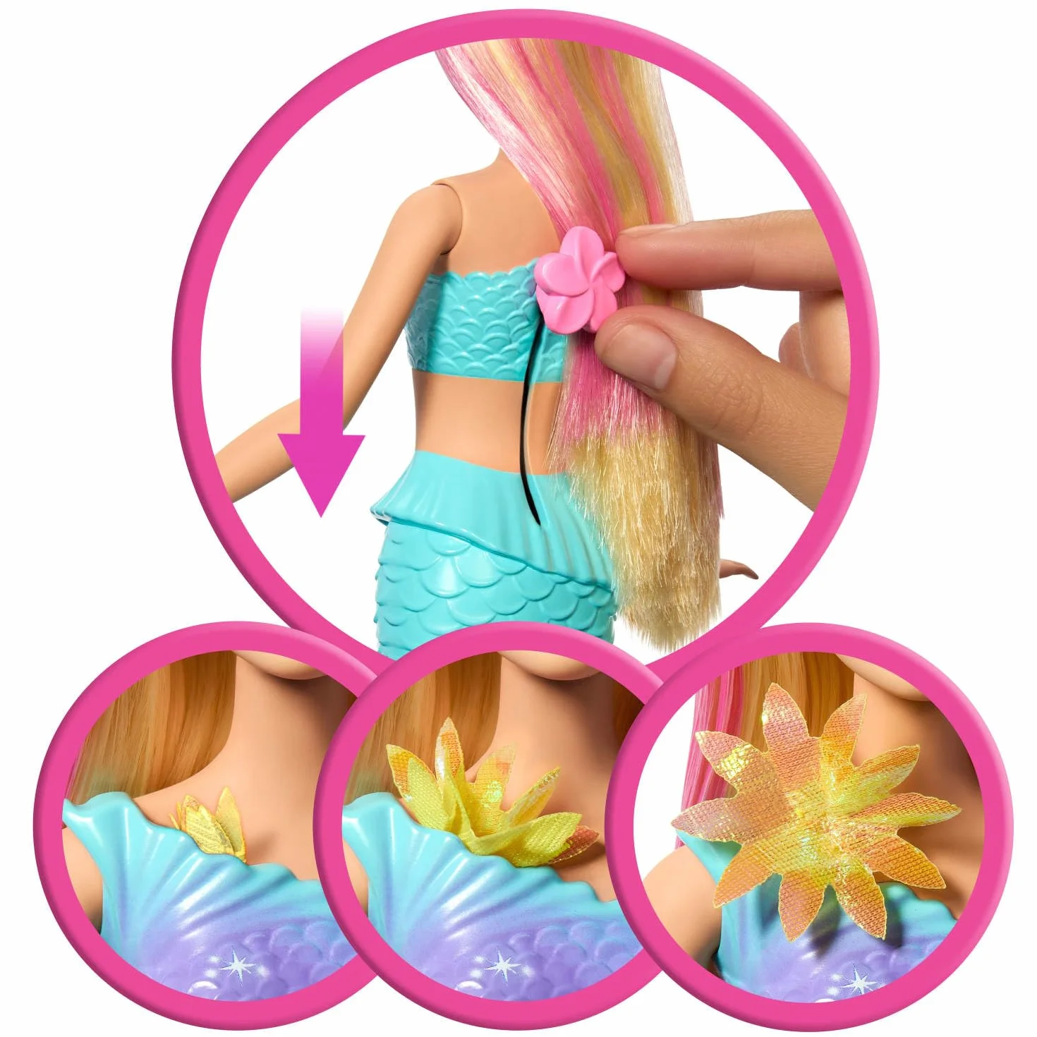 Barbie - Sirena Magia Floreale, bambola dai capelli biondi con coda sfumata e fascia con perle, magica sorpresa e fiori che sbocciano inclusi, giocattolo per bambini, 3+ anni, JDM72, Viola