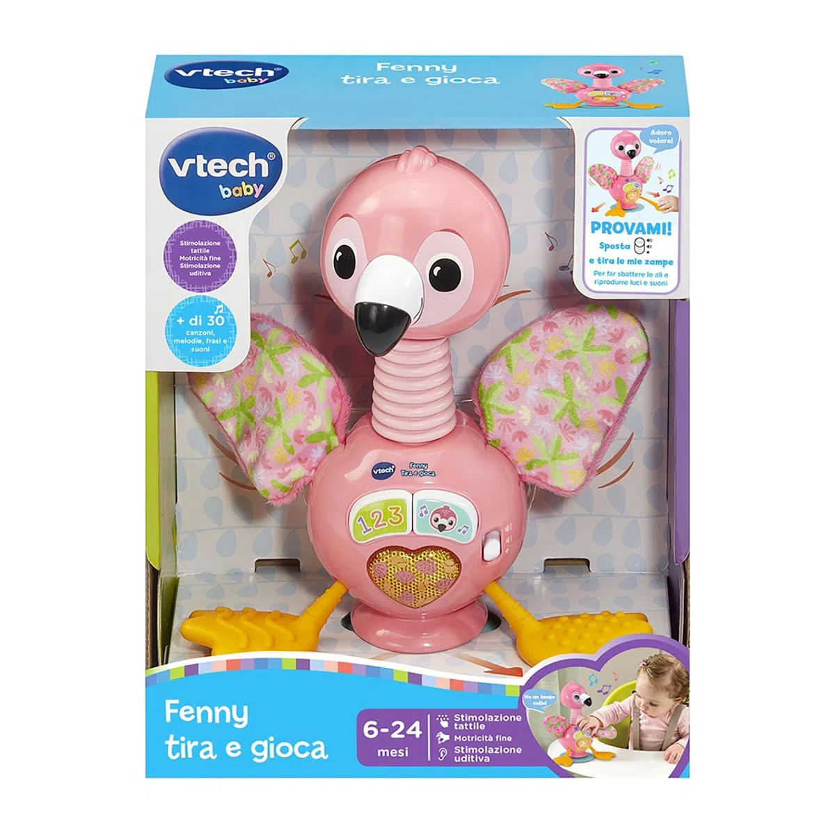 VTech Fenny, Tira e Gioca, Fenicottero Interattivo Sensoriale con Luci e Suoni per Bambini, Gioco Neonato Sensoriale con Base con Ventosa per Stabilità, Lingua Italiana, Batterie Incluse, 3-24 Mesi