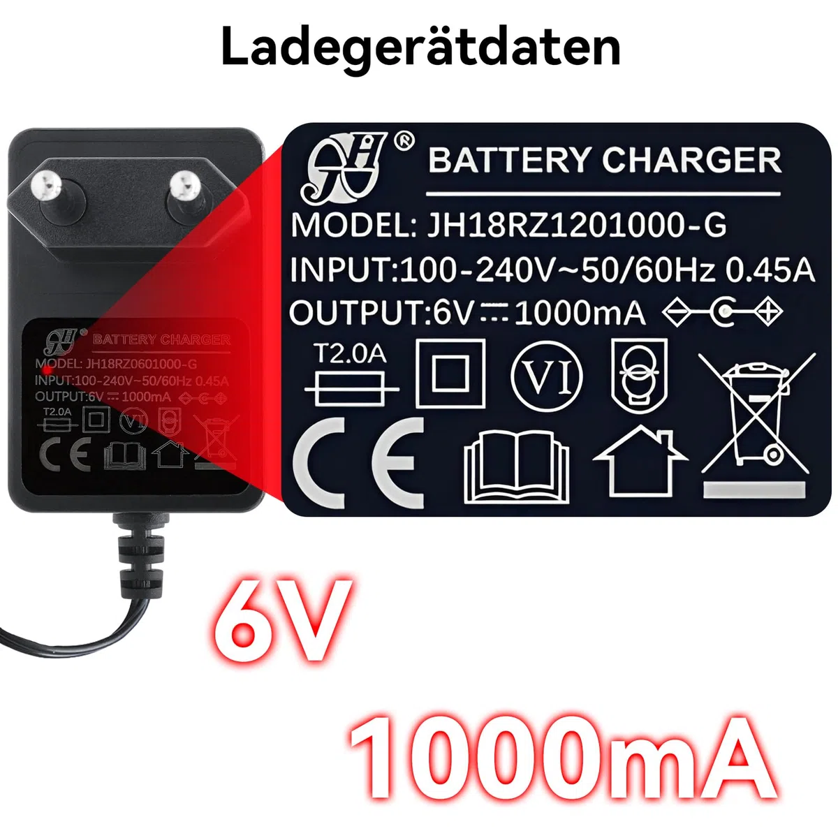 Caricatore da 6V per moto e auto elettriche per bambini - Caricabatterie 6 Volt per bambini Ride on Toys, alimentatore di rete da 6V per veicolo elettrico a quattro ruote per bambini SUV ATV