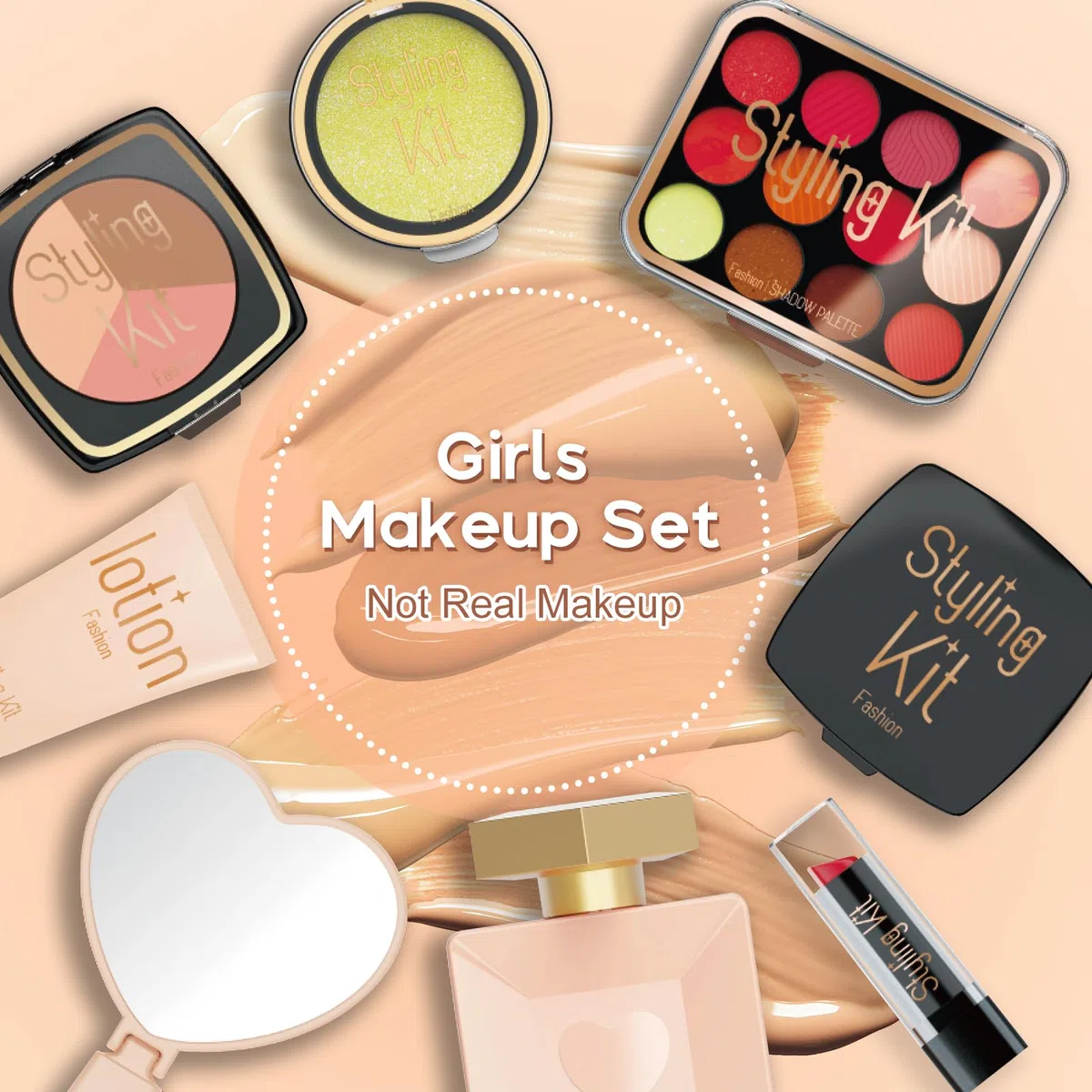 Kit Trucco Finto per Bambine | Set Cosmetici Sicuri Non Tossici con Rossetto, Specchietto e Pennelli - Ideale per Bambine dai 3+ Anni (Nero)